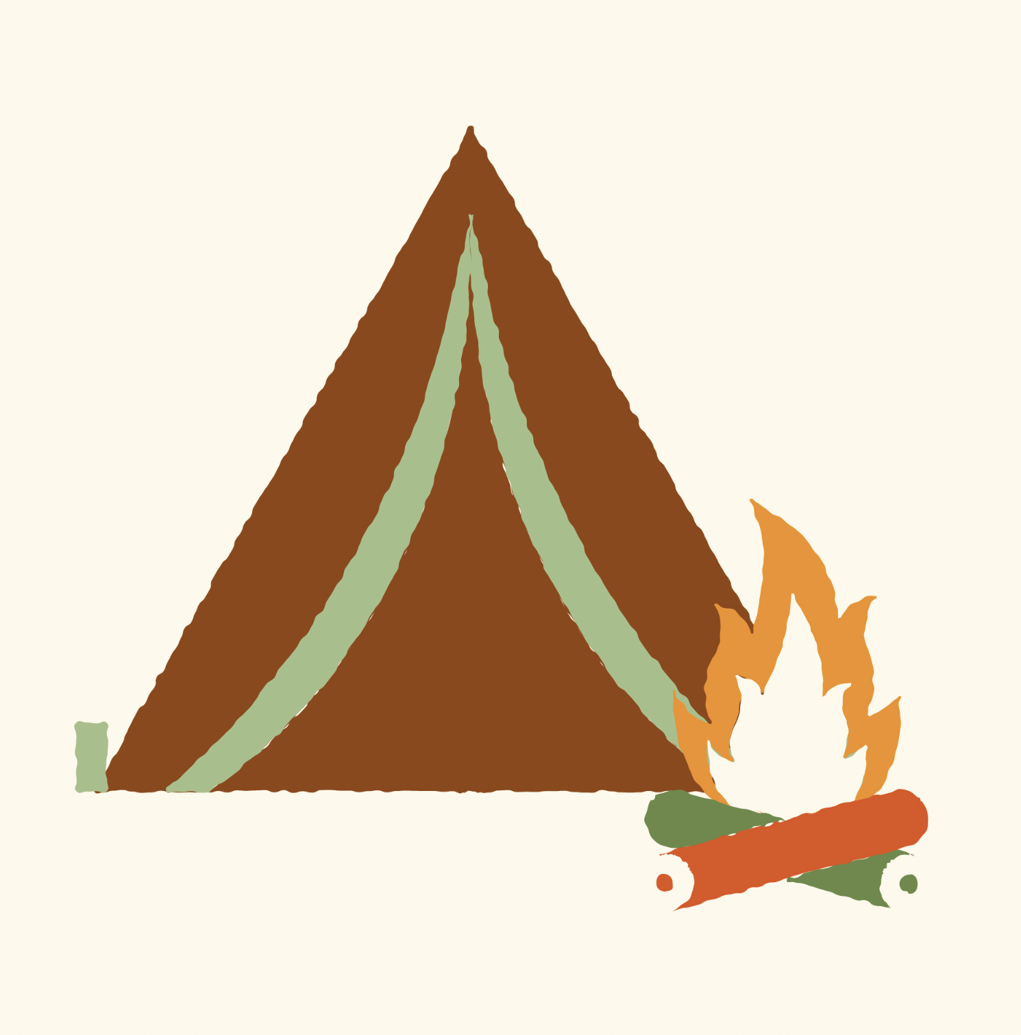 A camping scene featuring a brown triangular tent with green accents, a campfire with flames, and a rolled-up sleeping mat.