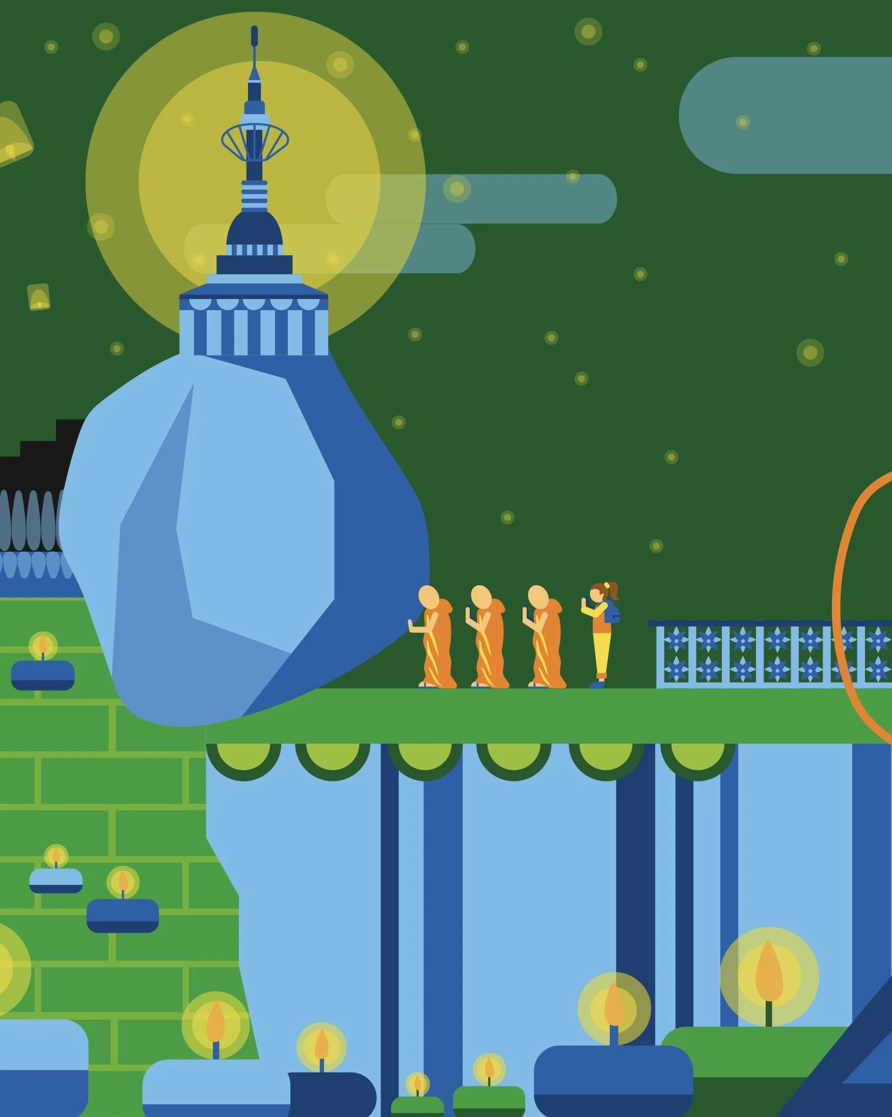 Stylized digital illustration of four monks and a woman praying on a green platform with candles, a large blue gemstone, and a dome-like structure, set against a starry night sky with a yellow moon.