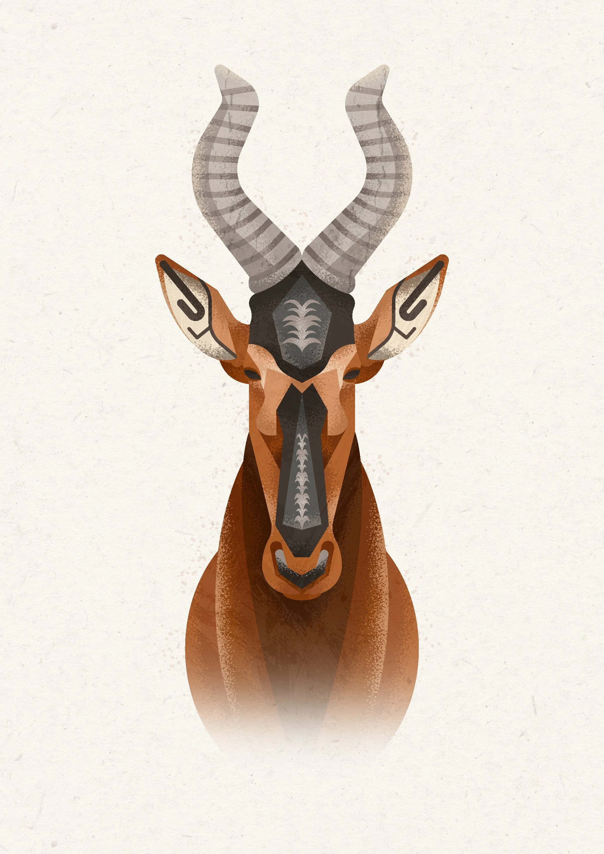 Stylized digital illustration of a hartebeest antelope with large, twisted horns, facing forward.