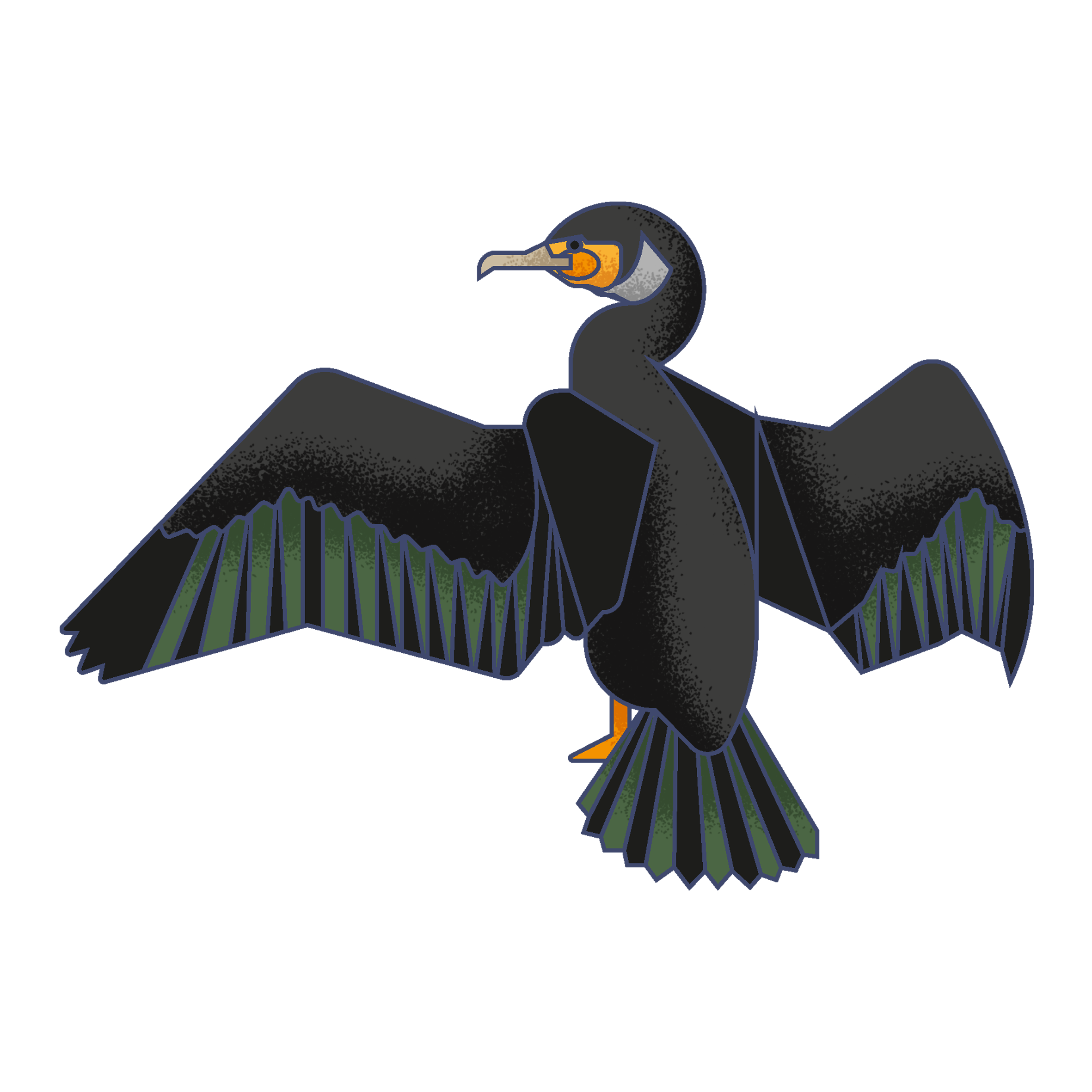 Illustration of a bird with black wings, black body, orange beak, and orange eye, with dark background