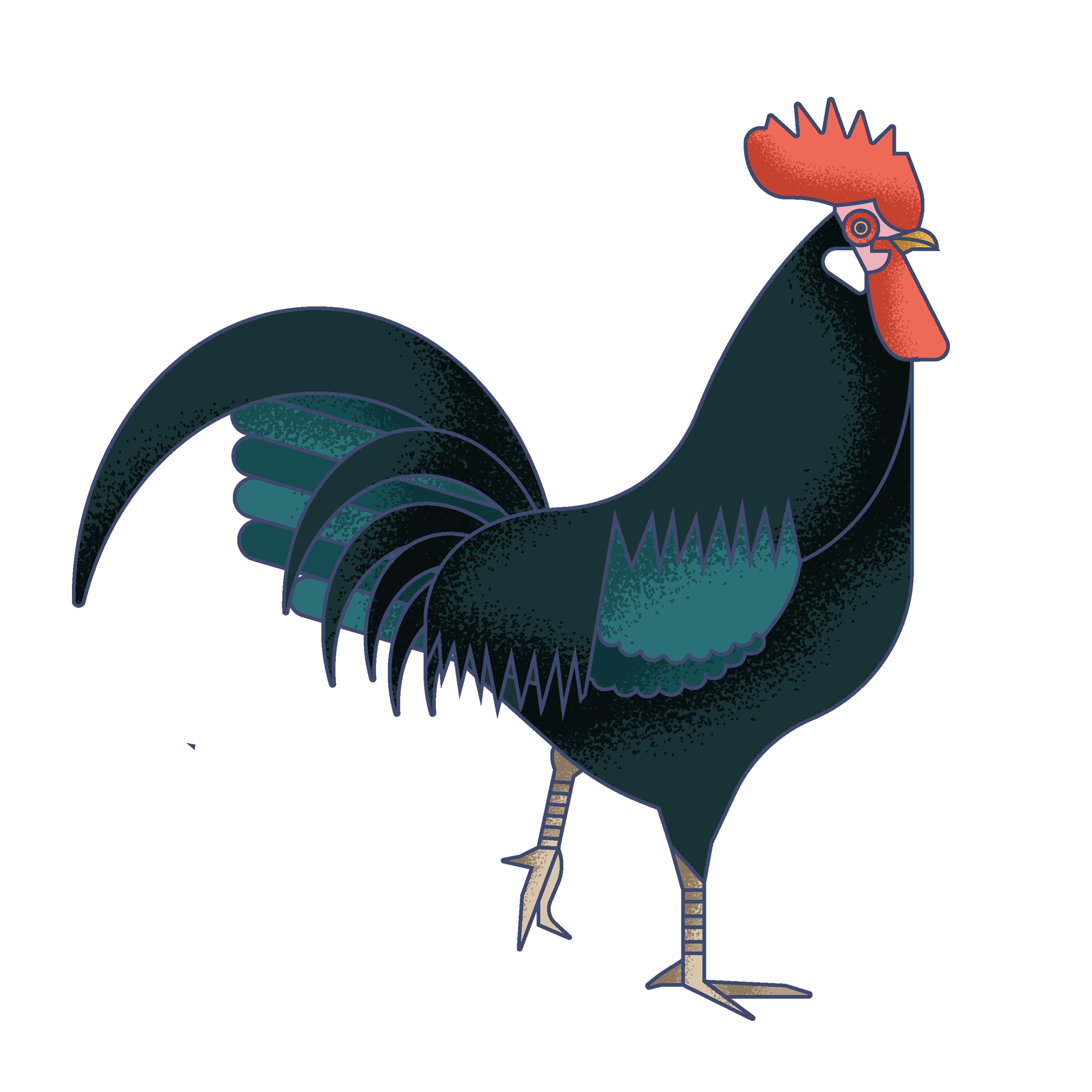 Stylized illustration of a rooster with dark feathers, red comb and wattle, yellow beak, and striped legs.