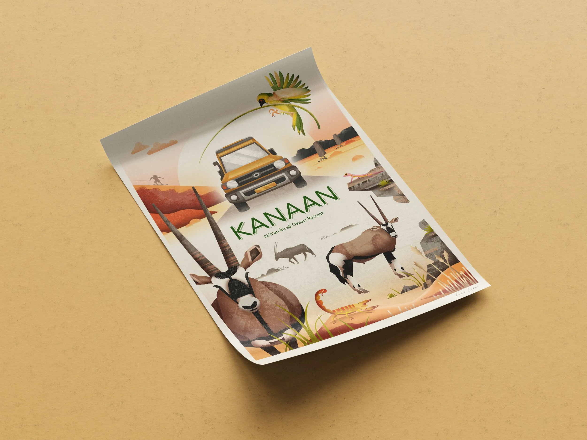 Colorful illustrated brochure for Kaanaan Desert Retreat featuring wildlife, a vehicle, desert landscape, and animals such as oryx, a chameleon, antelope, and a bird.