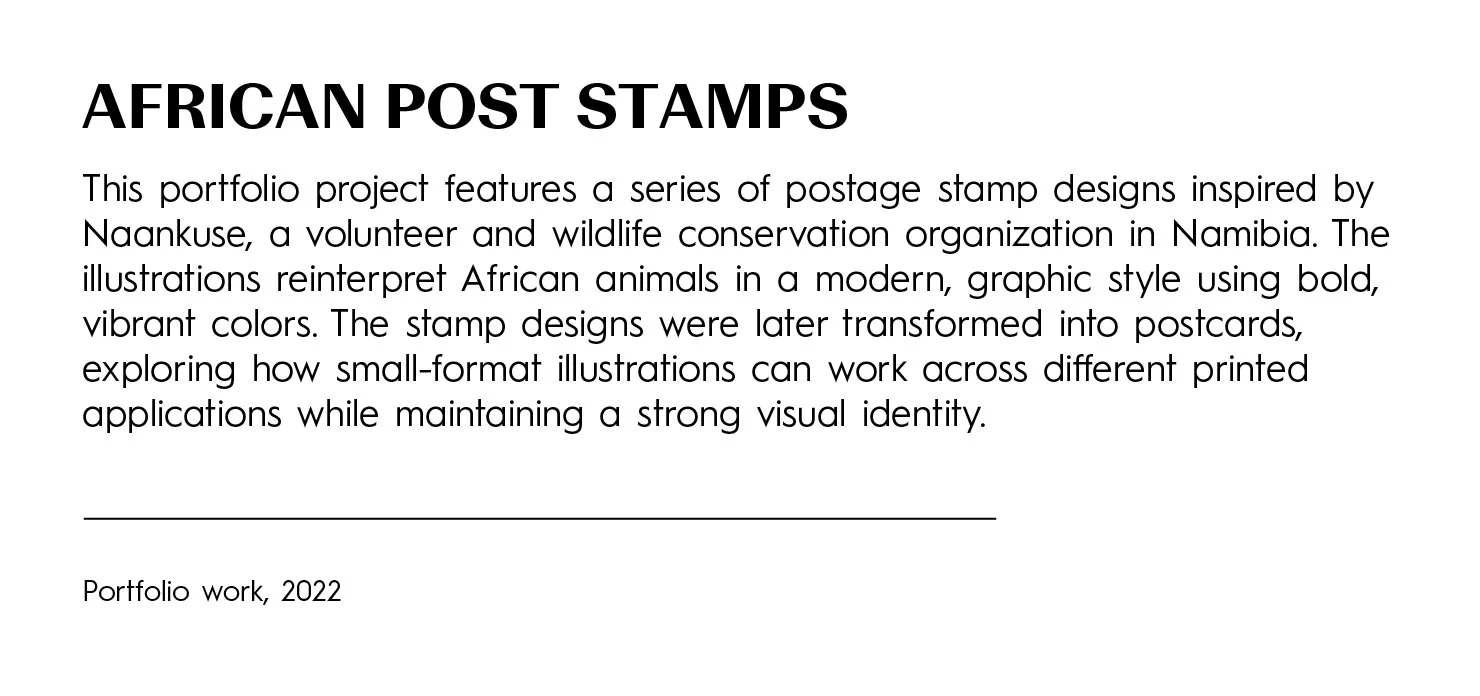 Text page titled 'African Post Stamps' describing a portfolio project featuring postage stamp designs inspired by Namibia wildlife conservation. The illustrations depict African animals in bold, vibrant colors, later transformed into postcards to exp