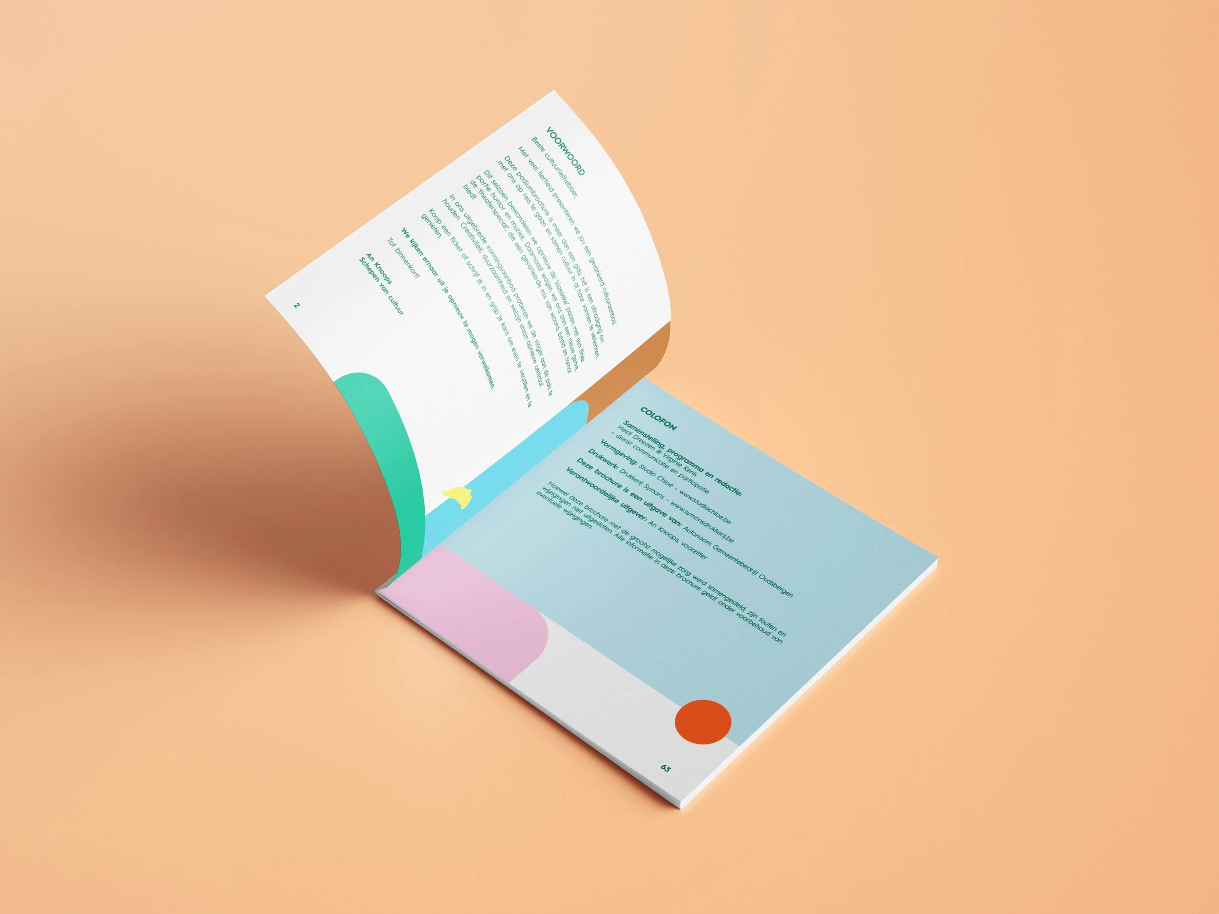 Open colorful brochure displaying text on a peach background.