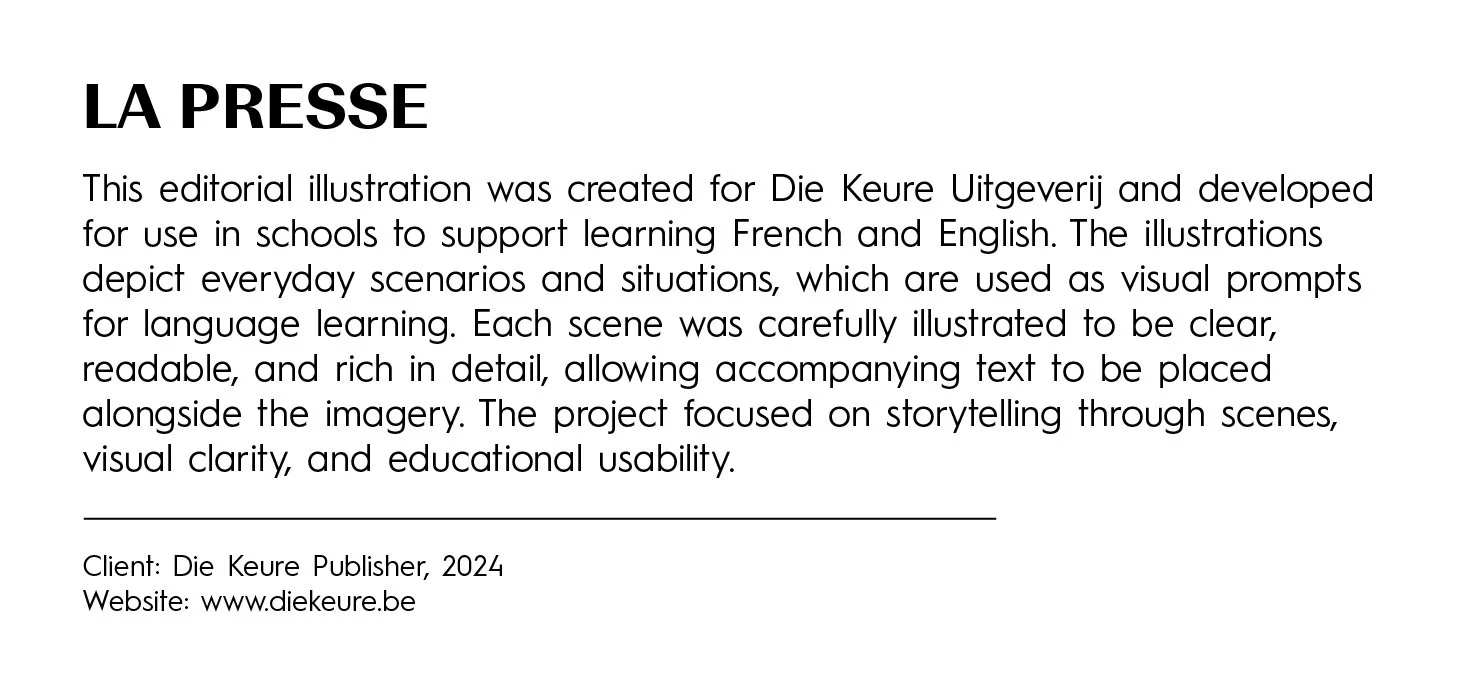 Text excerpt about a project created by Die Keure Publisher in 2024, explaining the purpose and development of educational illustrations for language learning in French and English.