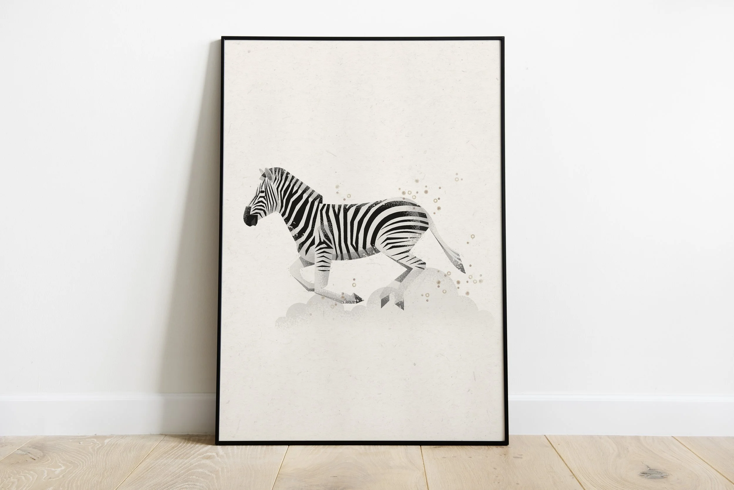 Framed art print of a stylized zebra in shades of black, white, and gray, running on a white background.