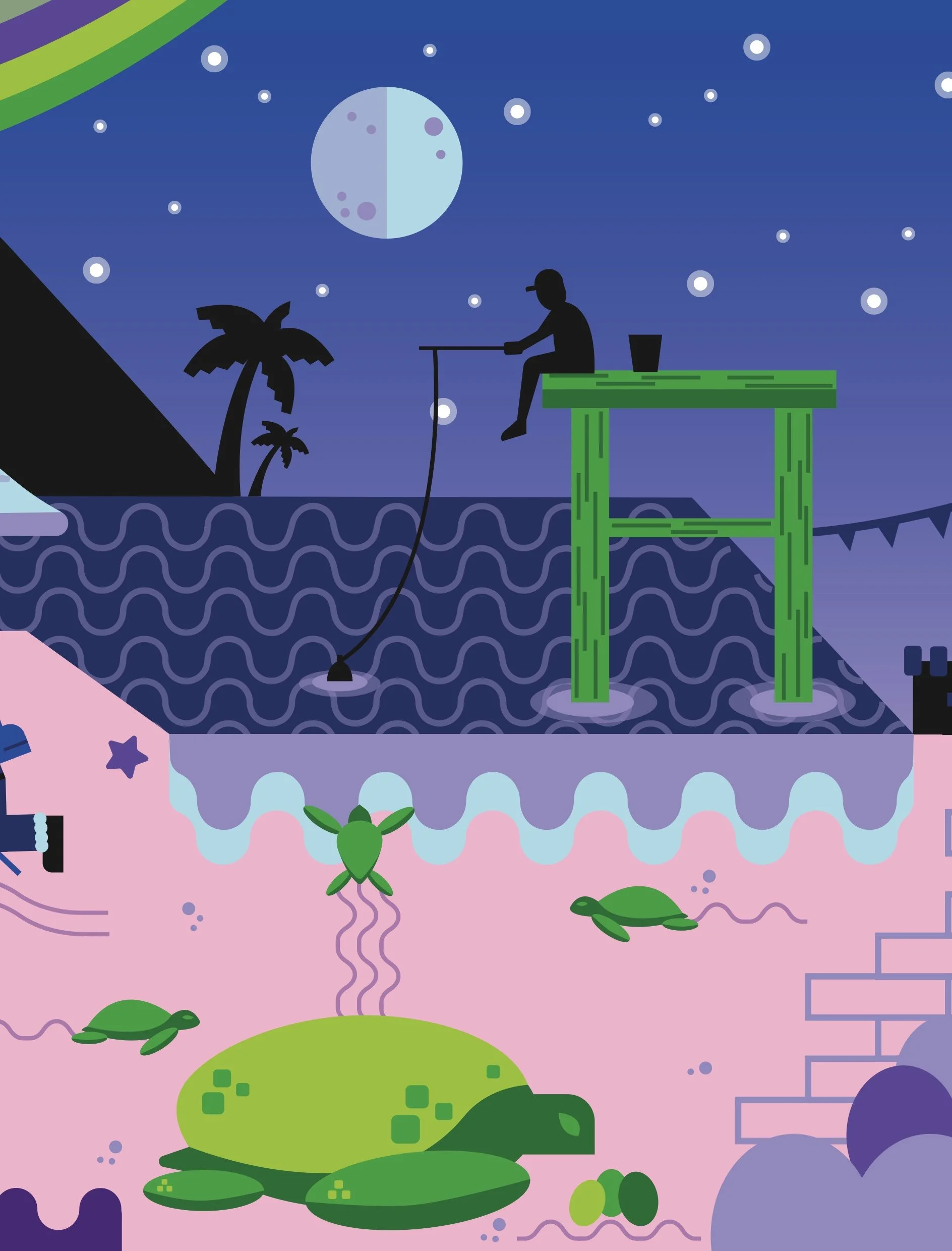 A stylized illustration of a person sitting on a green pier fishing at night, with a moon, stars, and palm trees in the background. Below the water, there are turtles, starfish, and seaweed.
