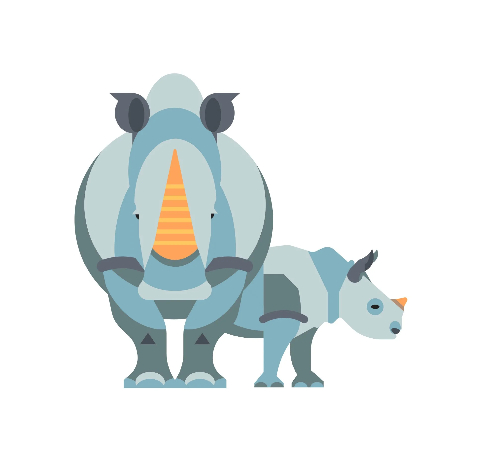 Illustration of a large rhinoceros and a smaller rhinoceros standing side by side, both in a stylized, cartoon-like design with shades of blue and gray.