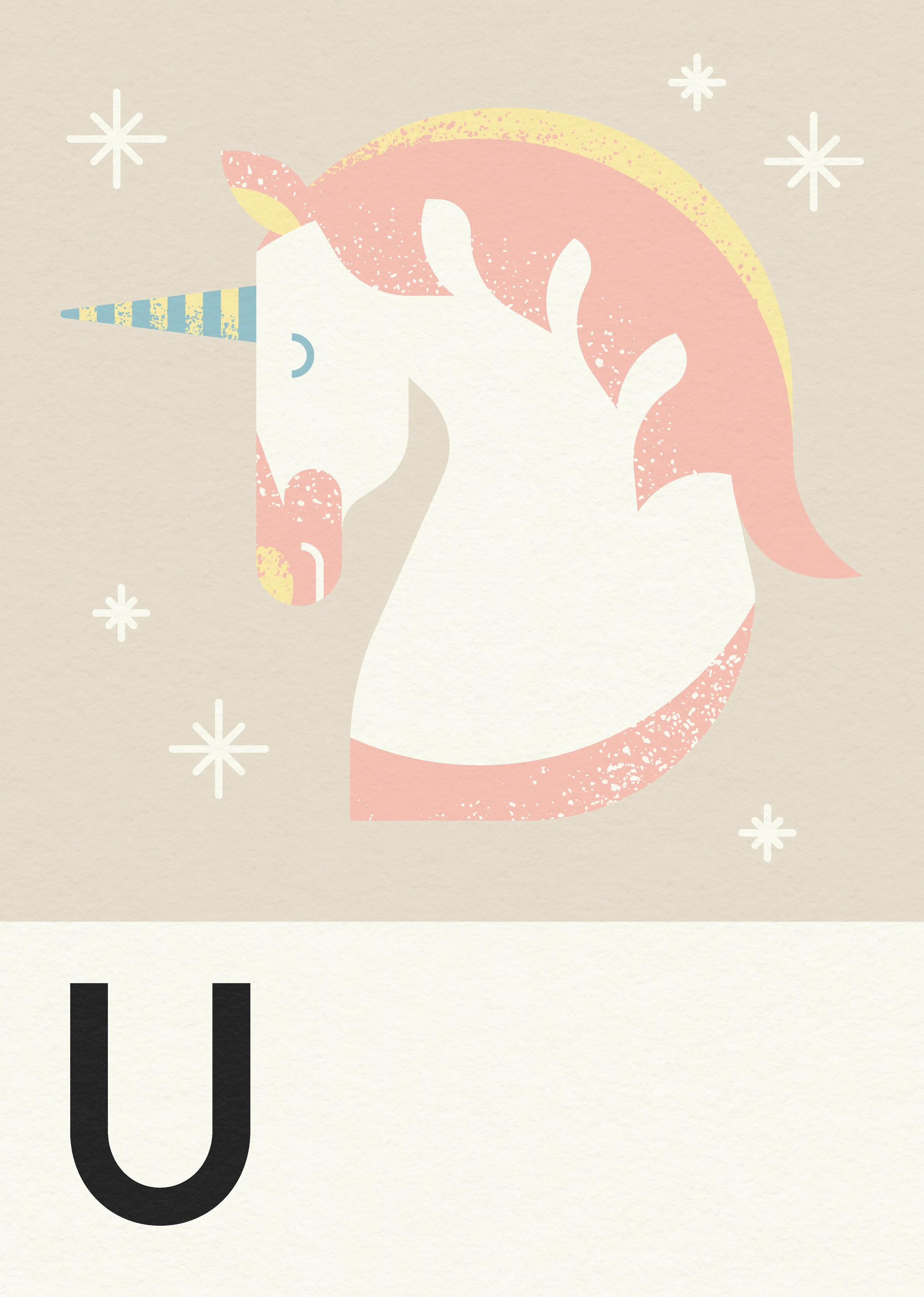 Illustration of a unicorn with a pink mane, a yellow and blue striped horn, and surrounded by white star-like sparkles.