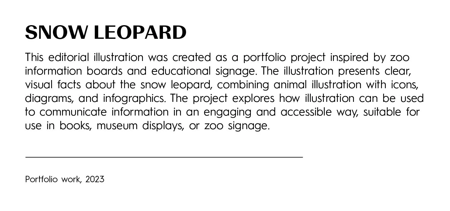 Title 'SNOW LEOPARD' with a paragraph explaining a zoo-inspired portfolio project about using illustration and infographics to communicate information about snow leopards, dated 2023.