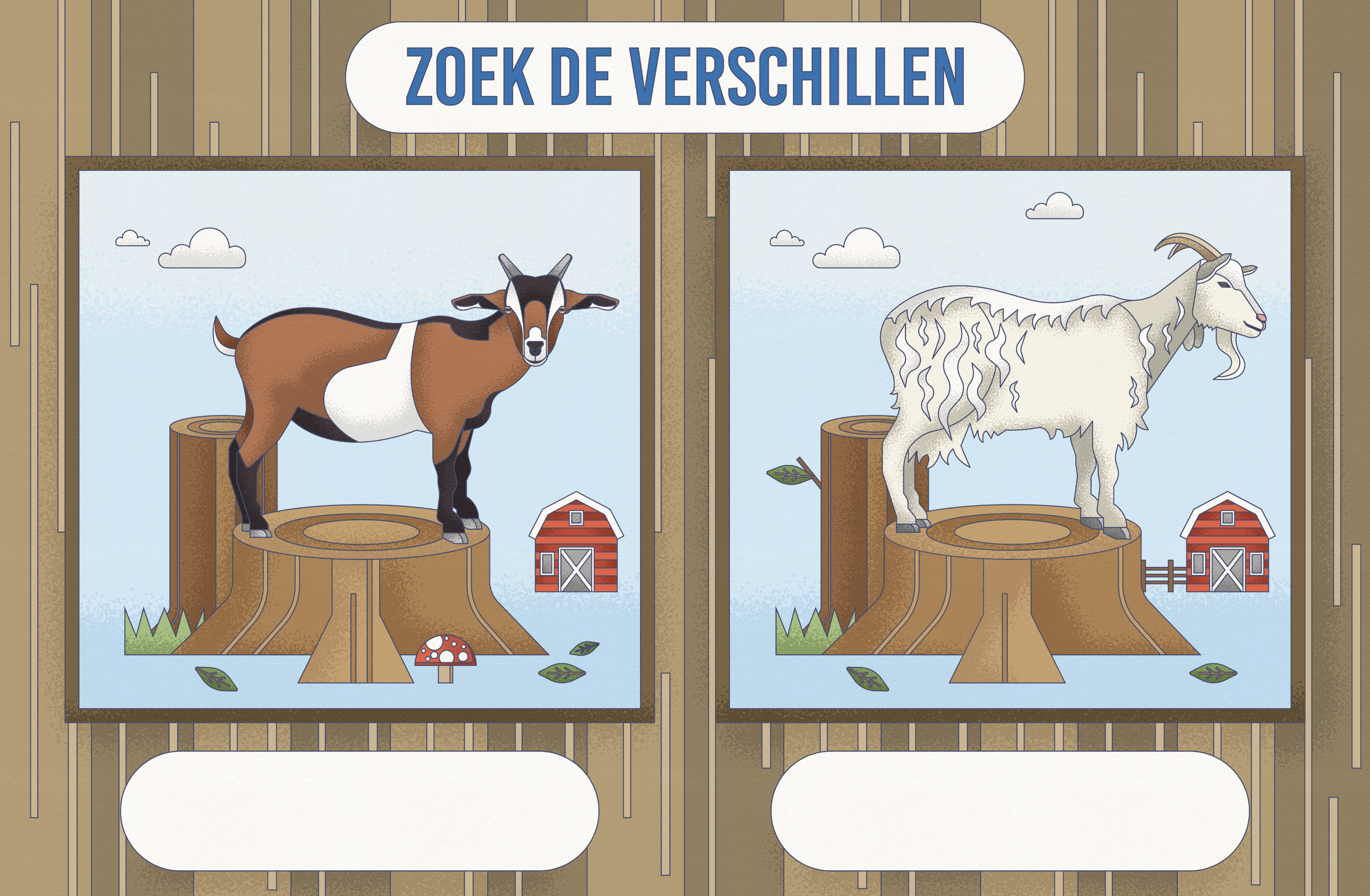 Kids' puzzle game with two farm animals, a goat and a cow, on tree stumps. The goat is on the right side of the left box, and the cow is on the right side of the right box. There are also small farm buildings, a mushroom, green grass patches, and clo