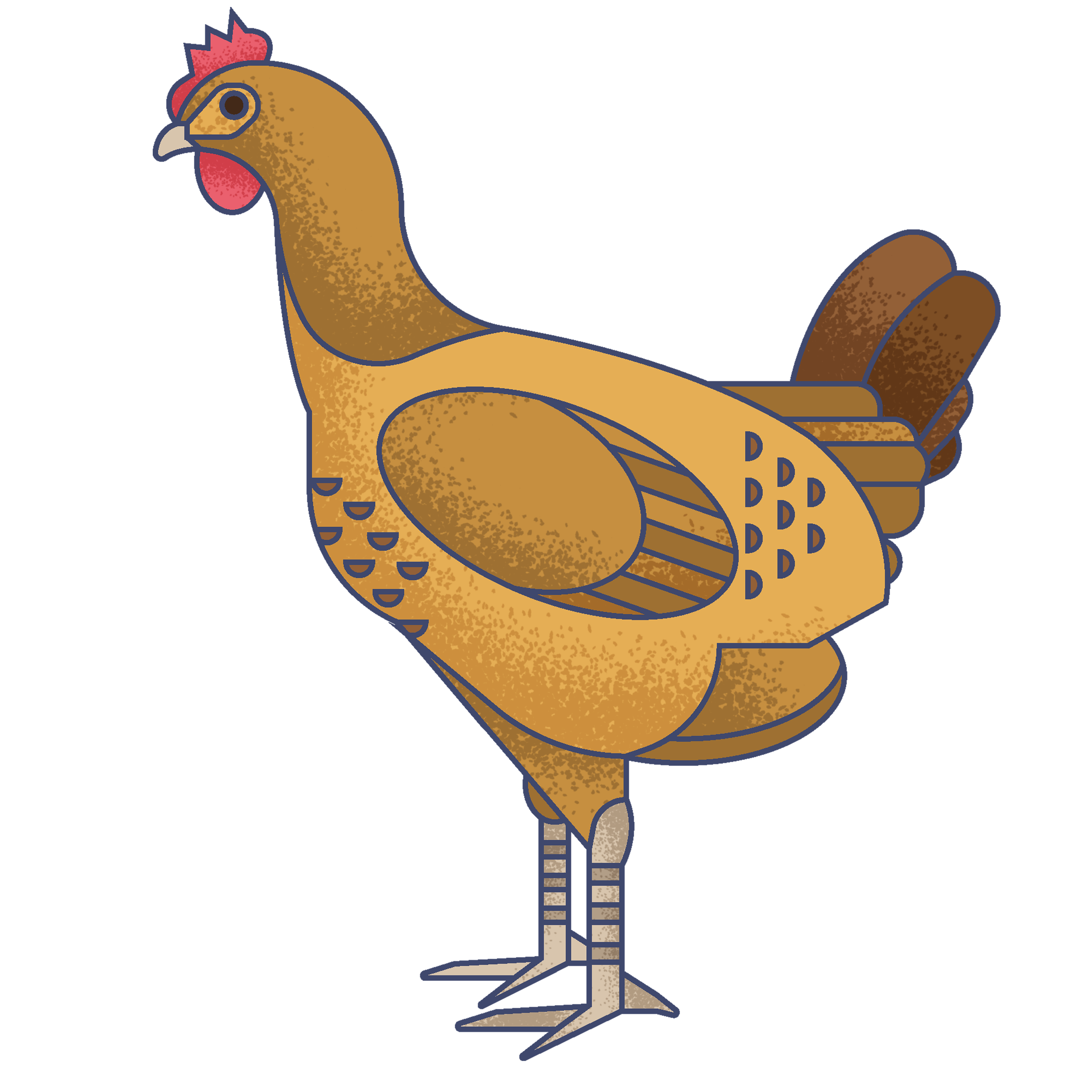 A digital illustration of a chicken with detailed shading and a dark blue background.