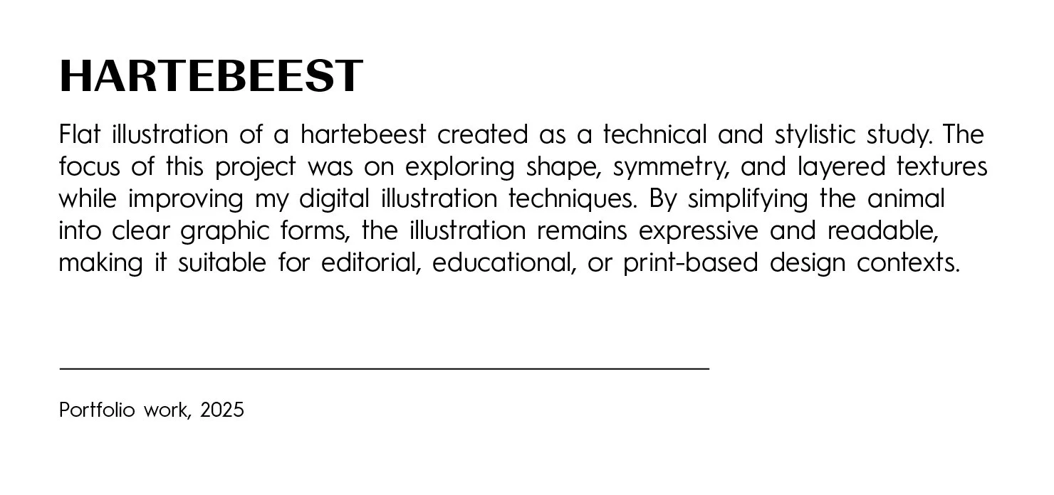 Text-based project description about a hartebeest illustration focusing on shape, symmetry, and textures, with a note about portfolio work from 2025.