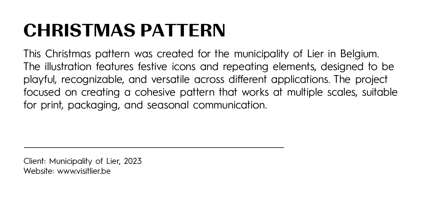 Information about a Christmas pattern created for the municipality of Lier in Belgium, featuring festive icons and elements designed for multiple media uses.