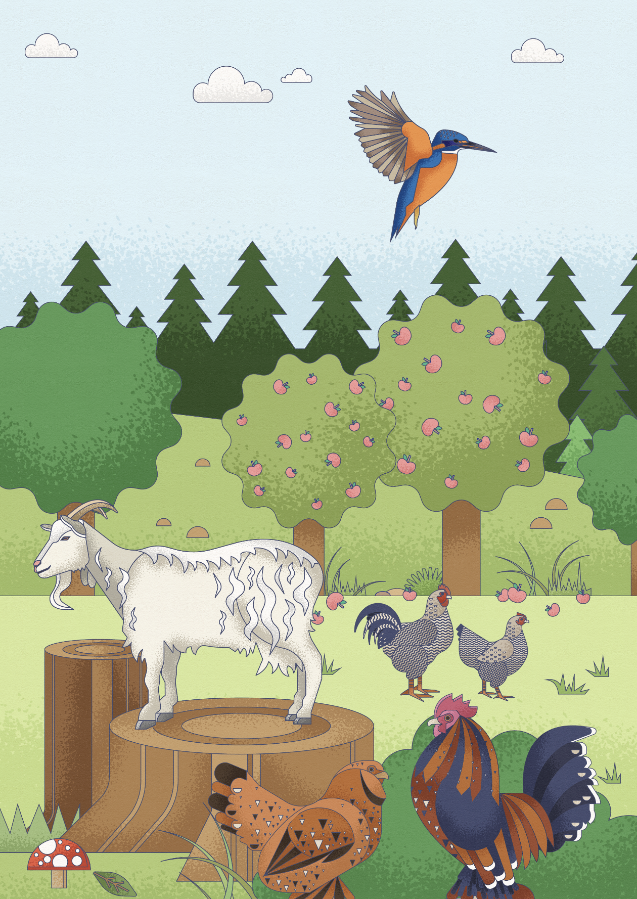 Illustration of a nature scene with a blue and orange bird flying above, a white mountain goat on a tree stump, two roosters, two hens, several apple trees, pine trees, and a mushroom in a grassy landscape.