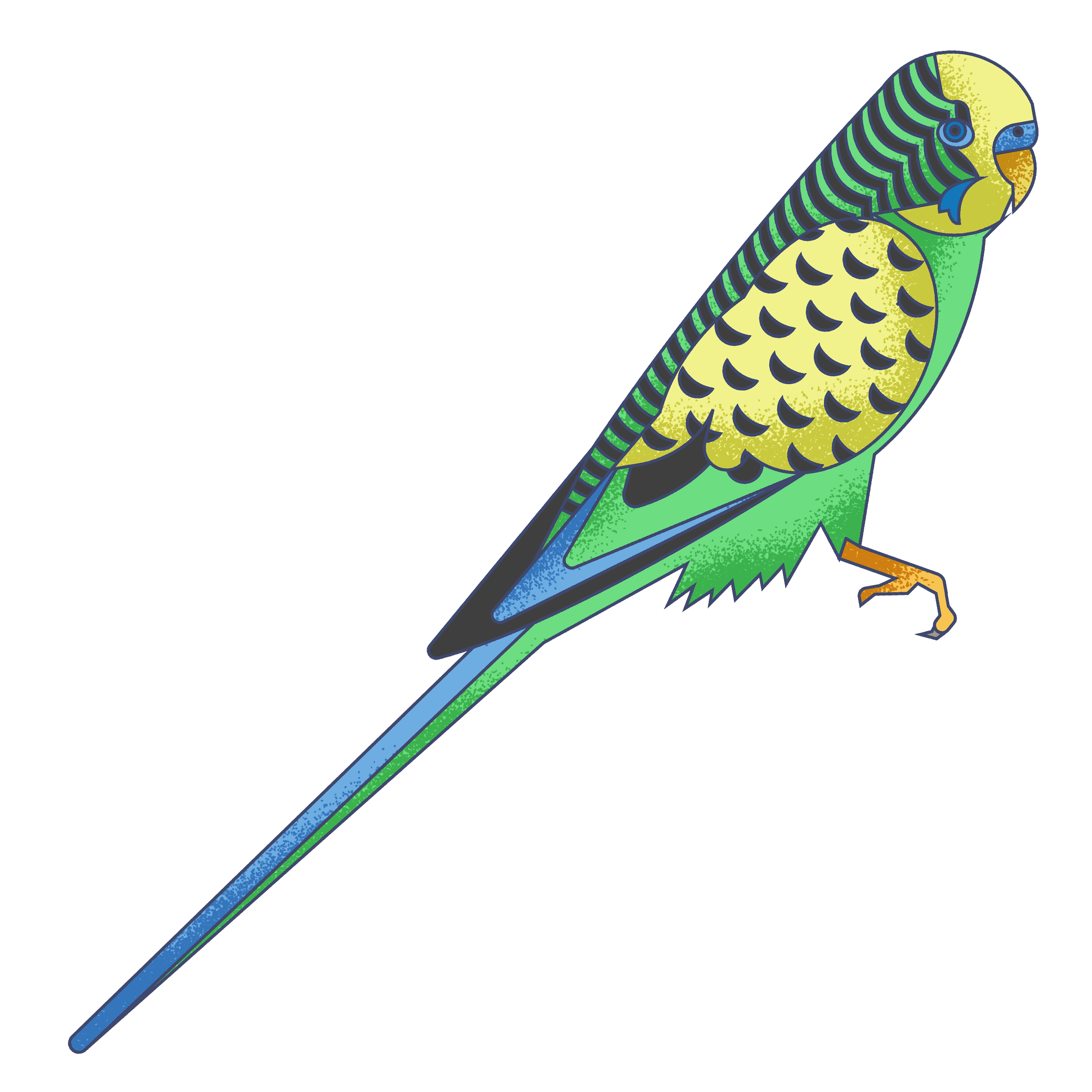 An illustration of a parakeet perched on a diagonal surface, with a detailed, colorful pattern on its feathers and a minimalist background.