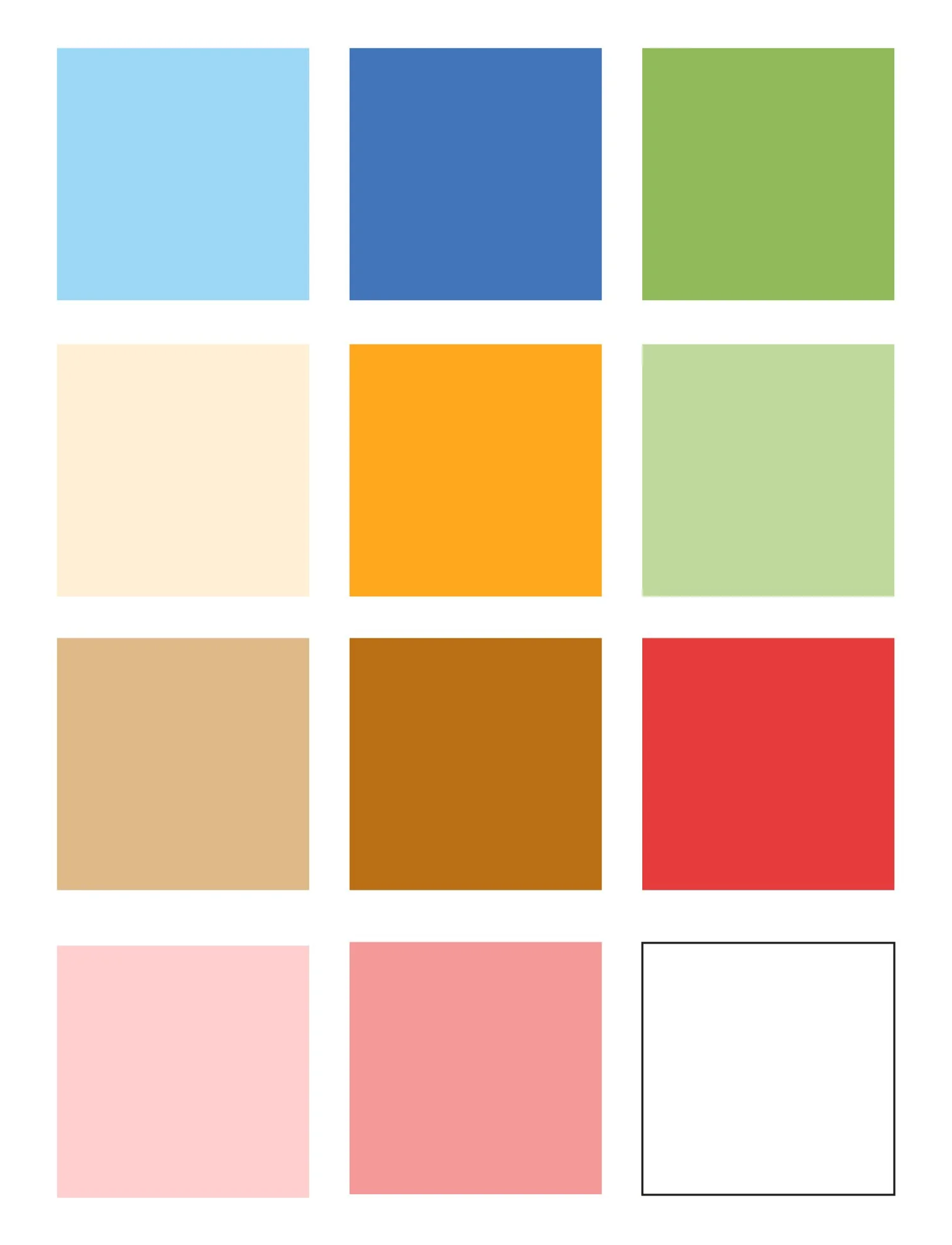 A grid of 12 colored squares with four columns and four rows, mostly filled with various shades of blue, green, beige, orange, brown, red, and pink, with one empty square.