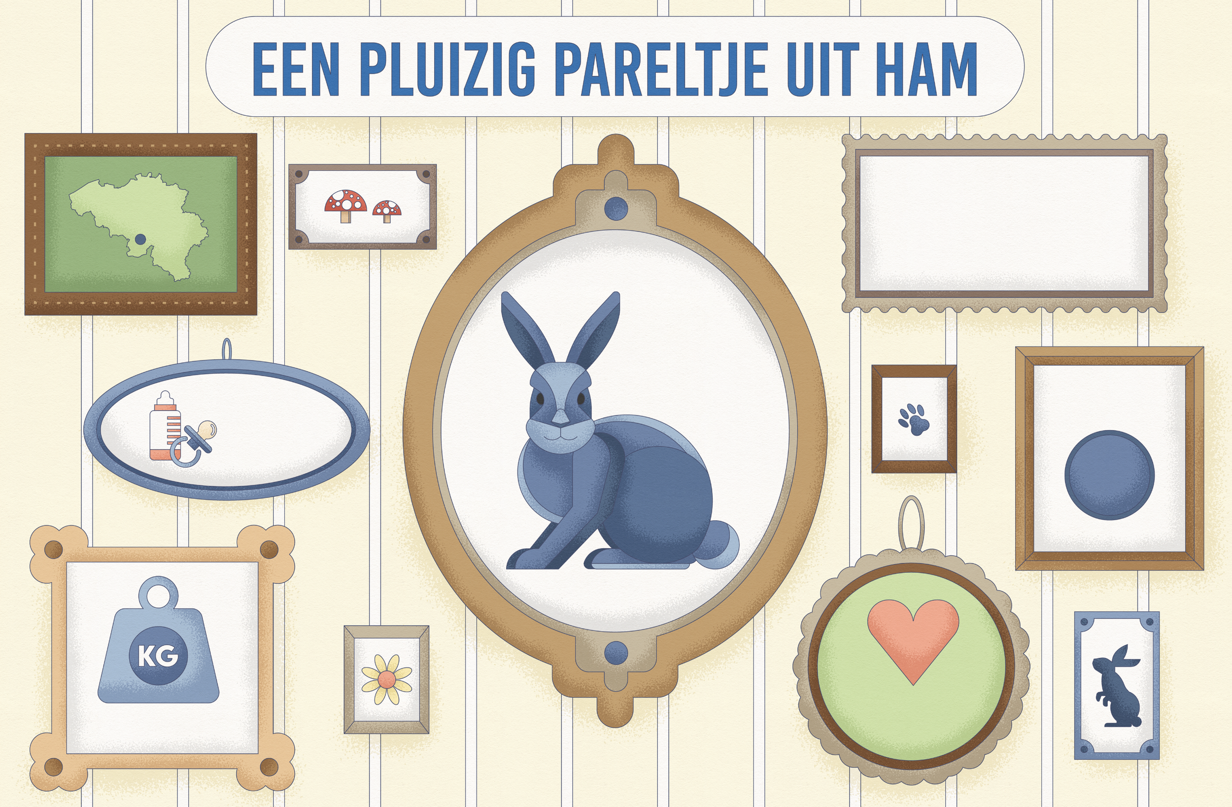 A collection of framed pictures on a wall, including a map of Belgium, two mushrooms, a rabbit, a paw print, a heart, a weight with 'KG', a flower, a balloon, and a blank rectangle, with a large picture of a sitting rabbit in the center.