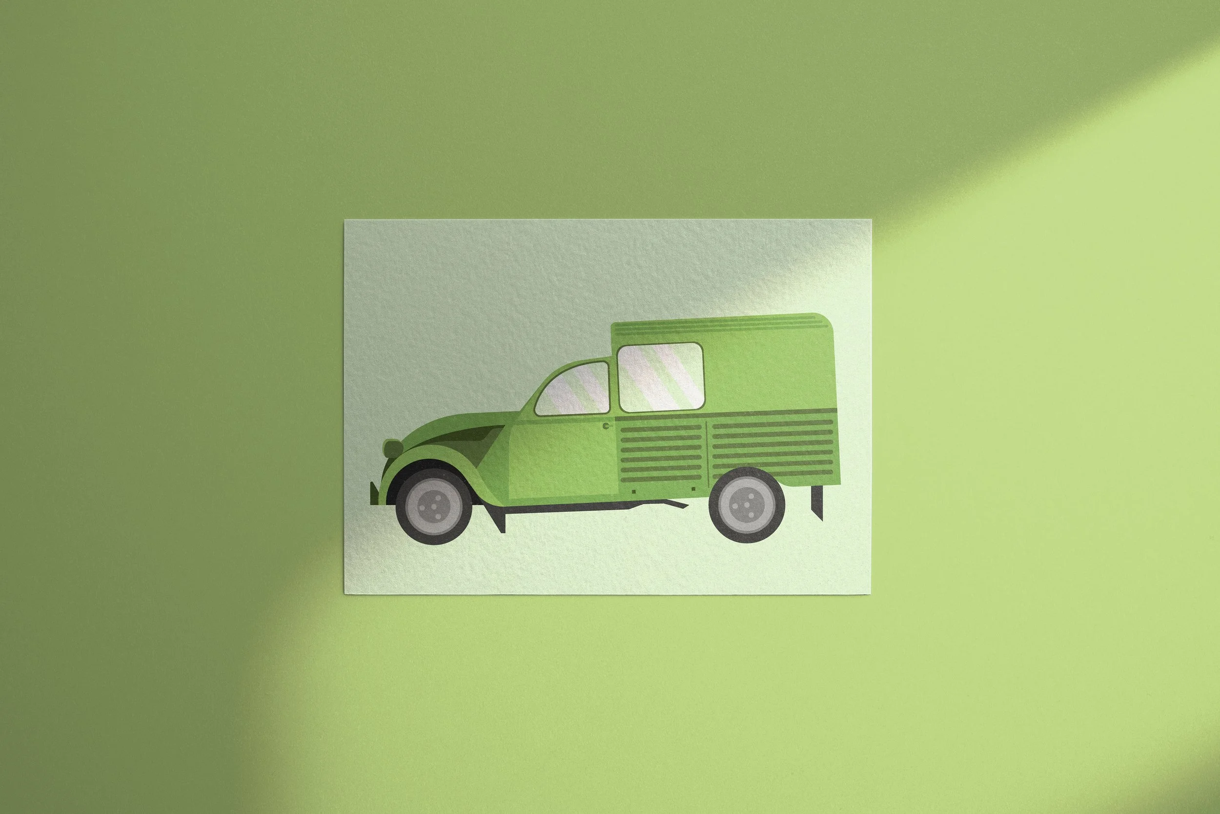 Illustration of a green delivery vehicle with a enclosed cargo area, on a light green wall.