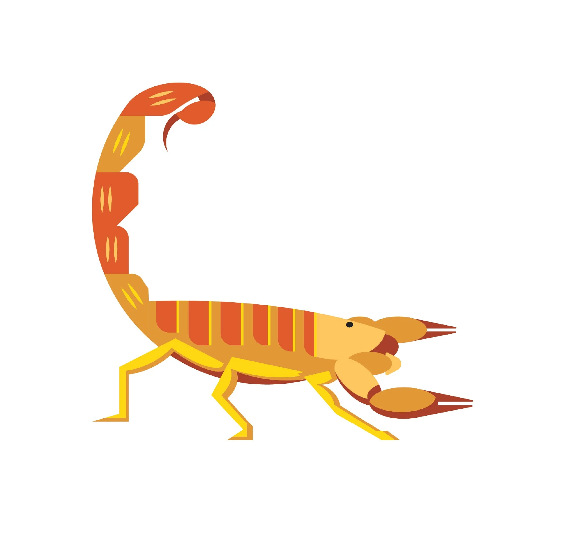 Illustration of a scorpion with a segmented body, claws, and curved tail.