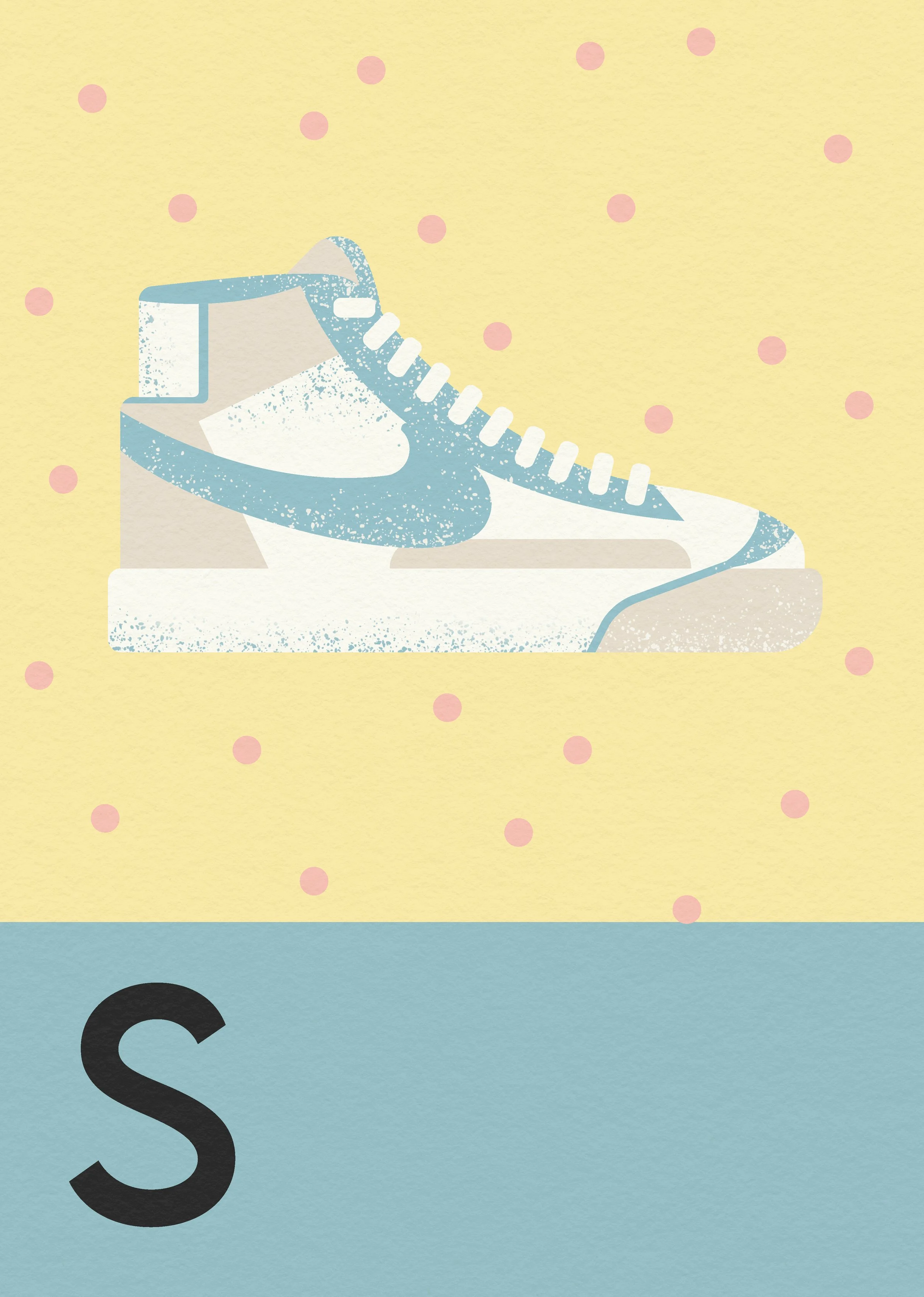 Illustration of a white and blue sneakers on a pastel background with pink polka dots and a blue lower section with a letter 'S'.