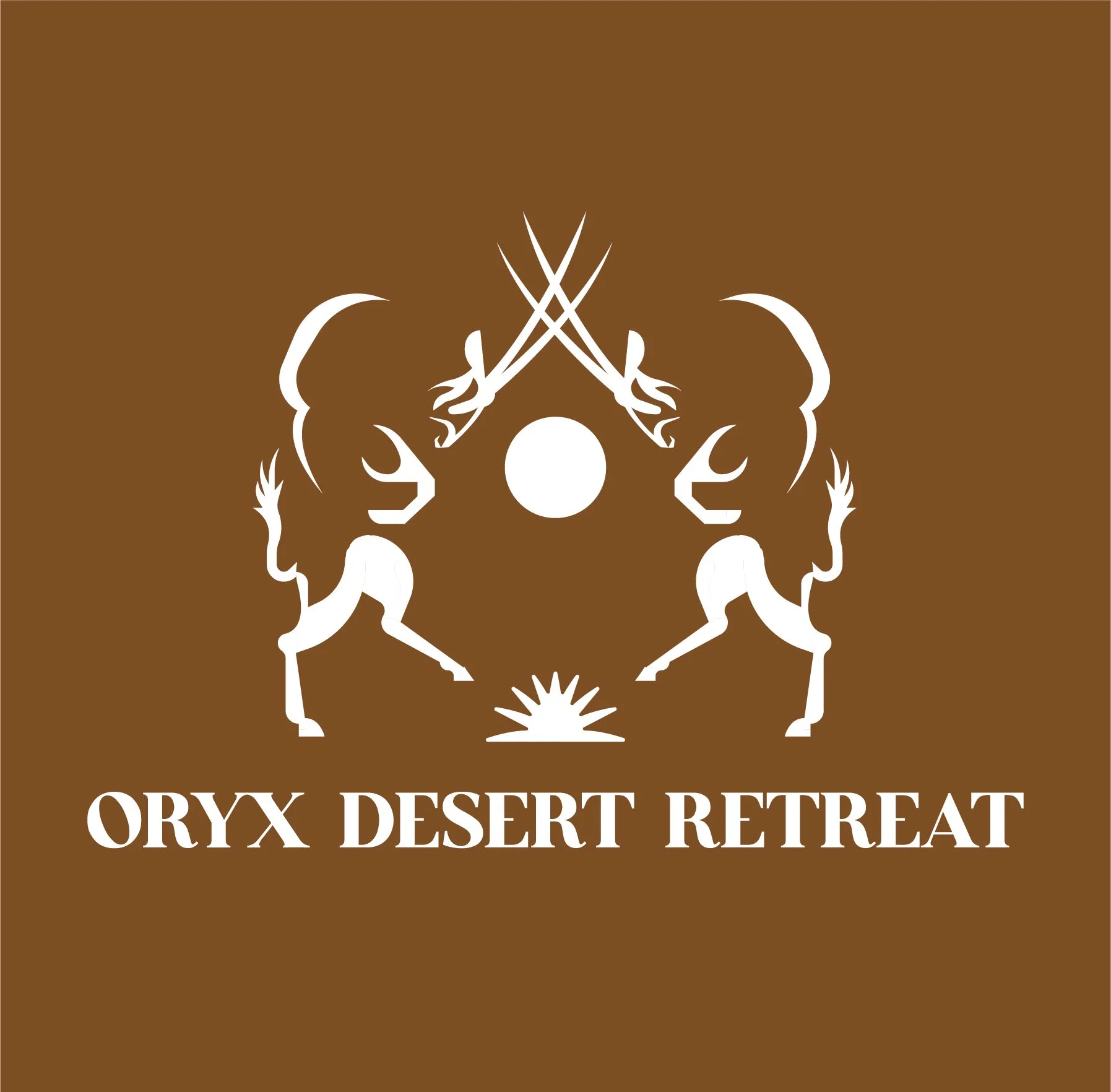 Logo for Oryx Desert Retreat featuring stylized white oryx antelopes, a circle in the center, and a sunburst below with the text "ORYX DESERT RETREAT".