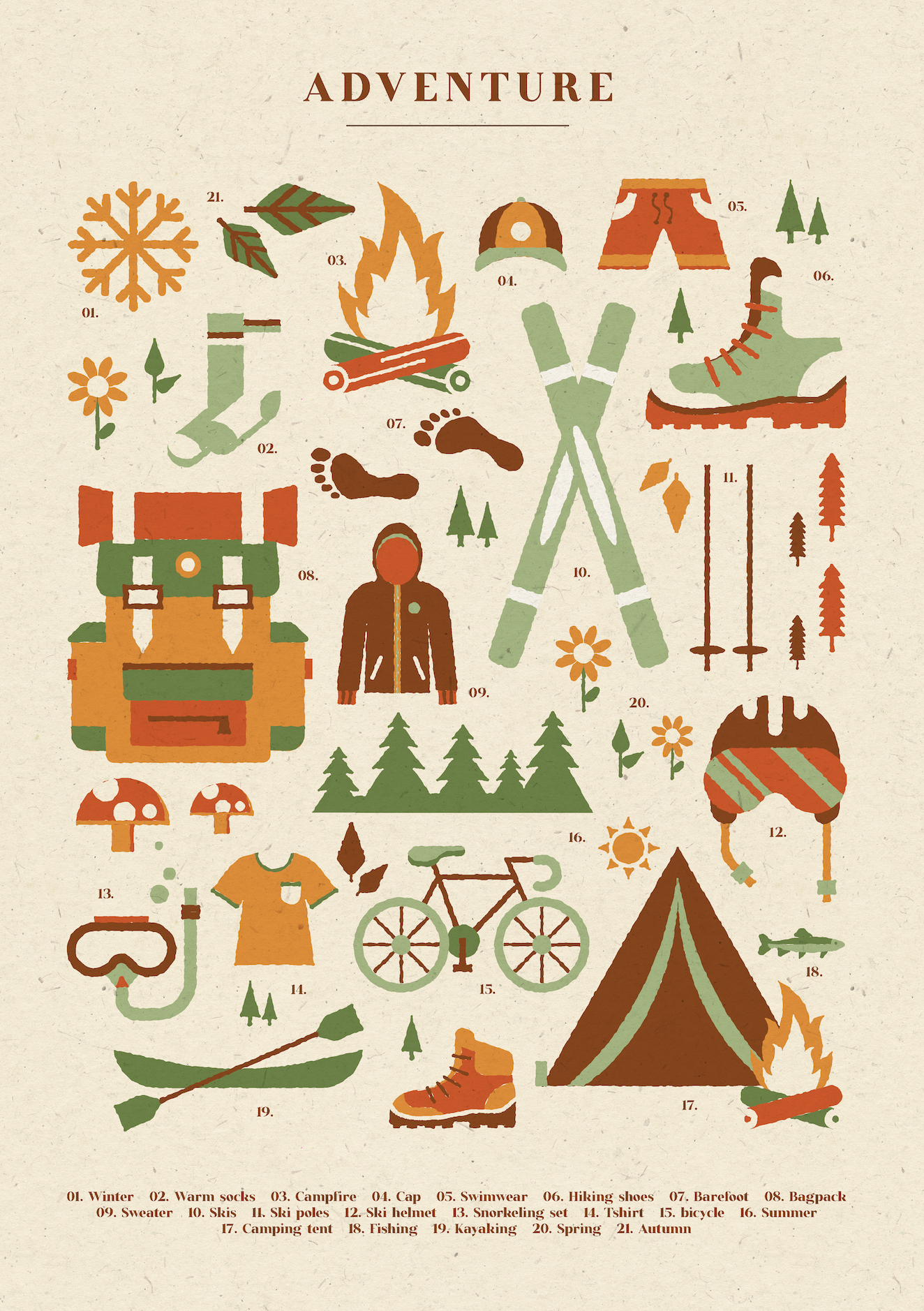 Illustrated collection of outdoor adventure gear and nature items, including winter hat, socks, campfire, hiking shoes, backpack, sweater, skis, ski poles, ski helmet, t-shirt, bicycle, camping tent, fishing gear, kayaking, mountains, trees, sun, and