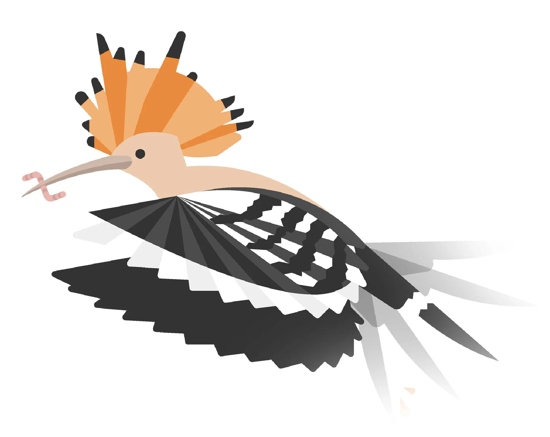 A stylized illustration of a bird with a fox-like face, orange crest, black and white wings, and a worm in its beak.