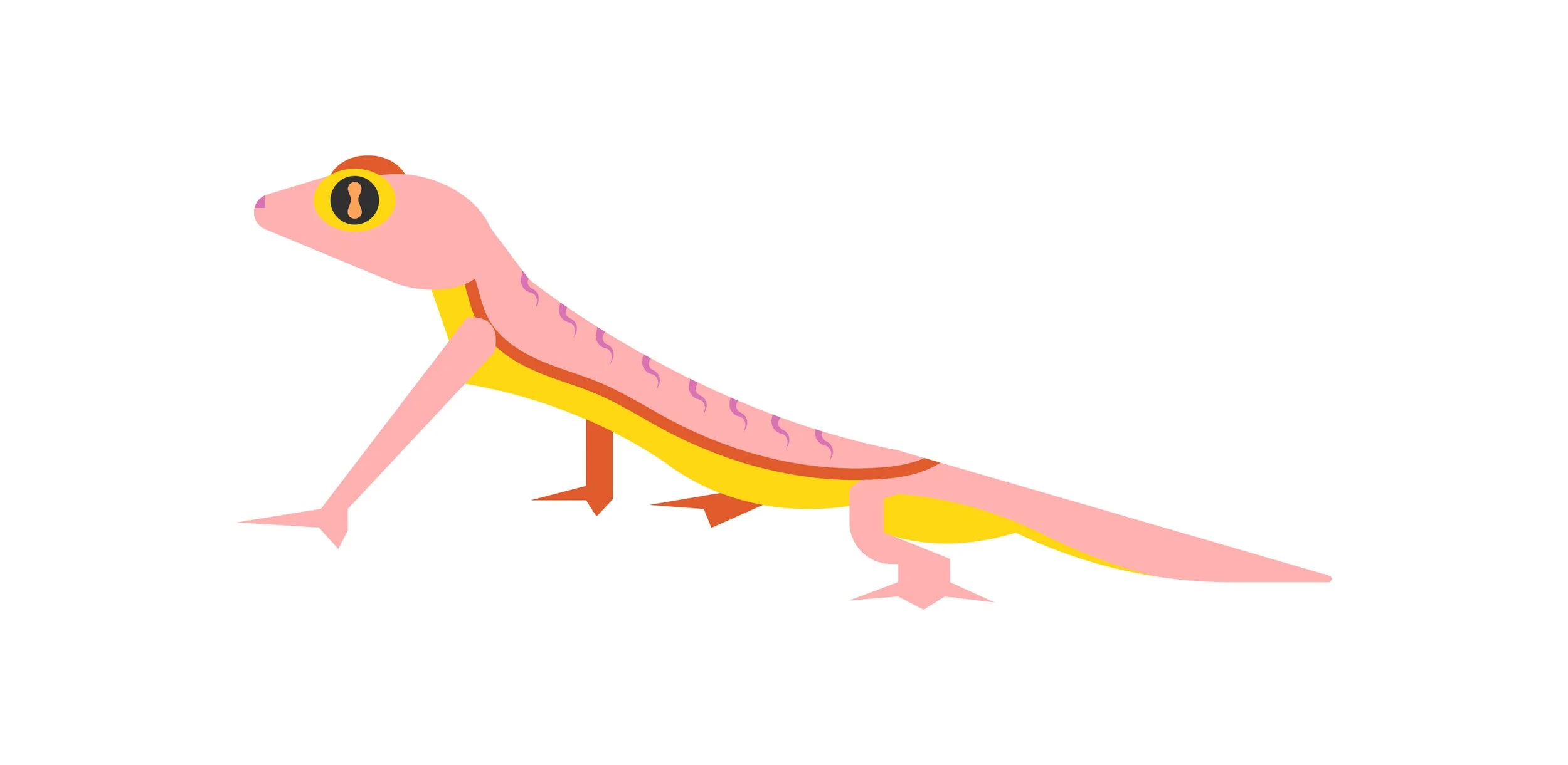 A colorful, cartoon-style illustration of a pink and yellow lizard with large, yellow eyes and purple markings on its body.