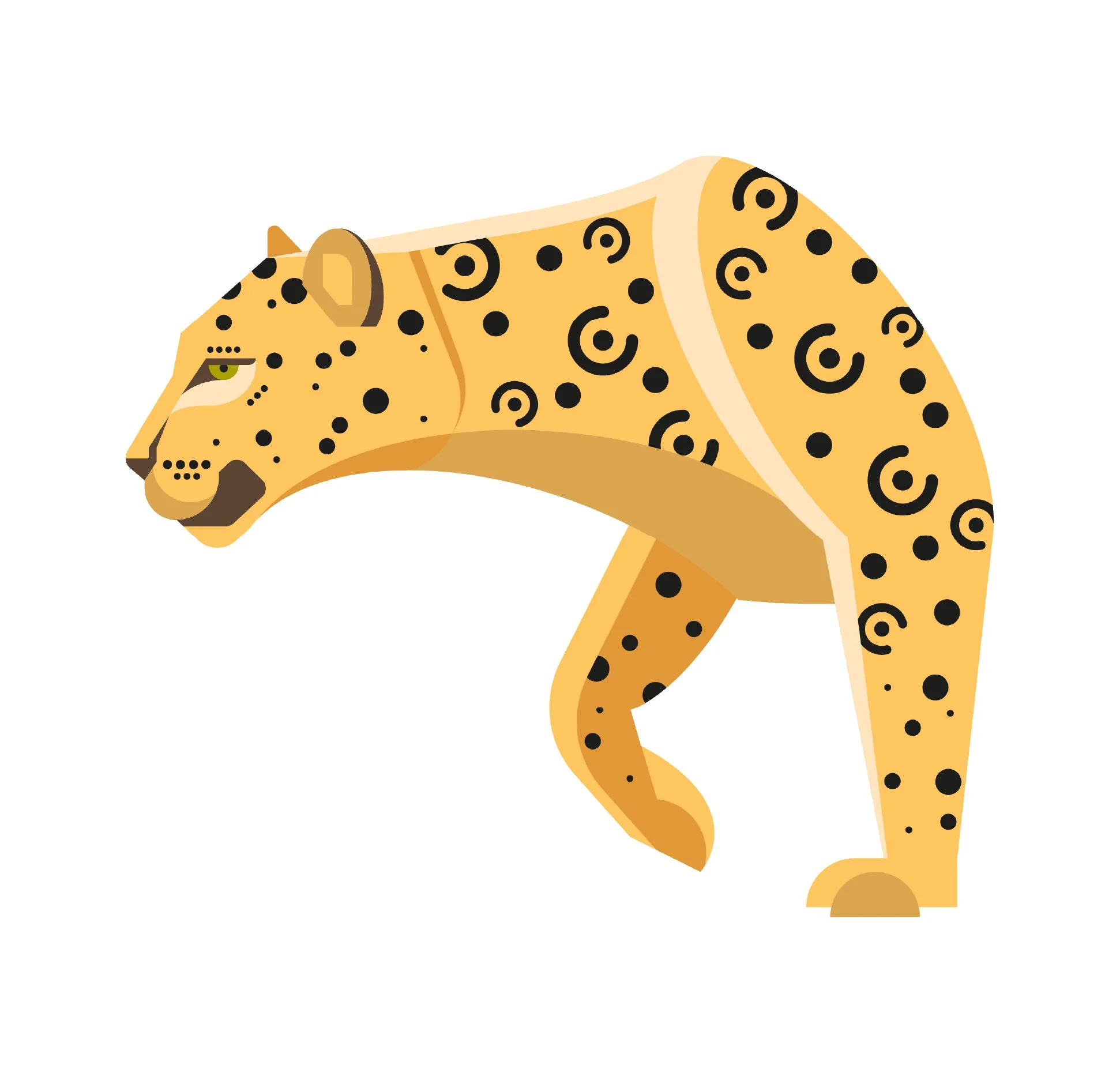 Illustration of a cheetah standing sideways with a stylized, geometric design, yellow coat with black spots and markings.