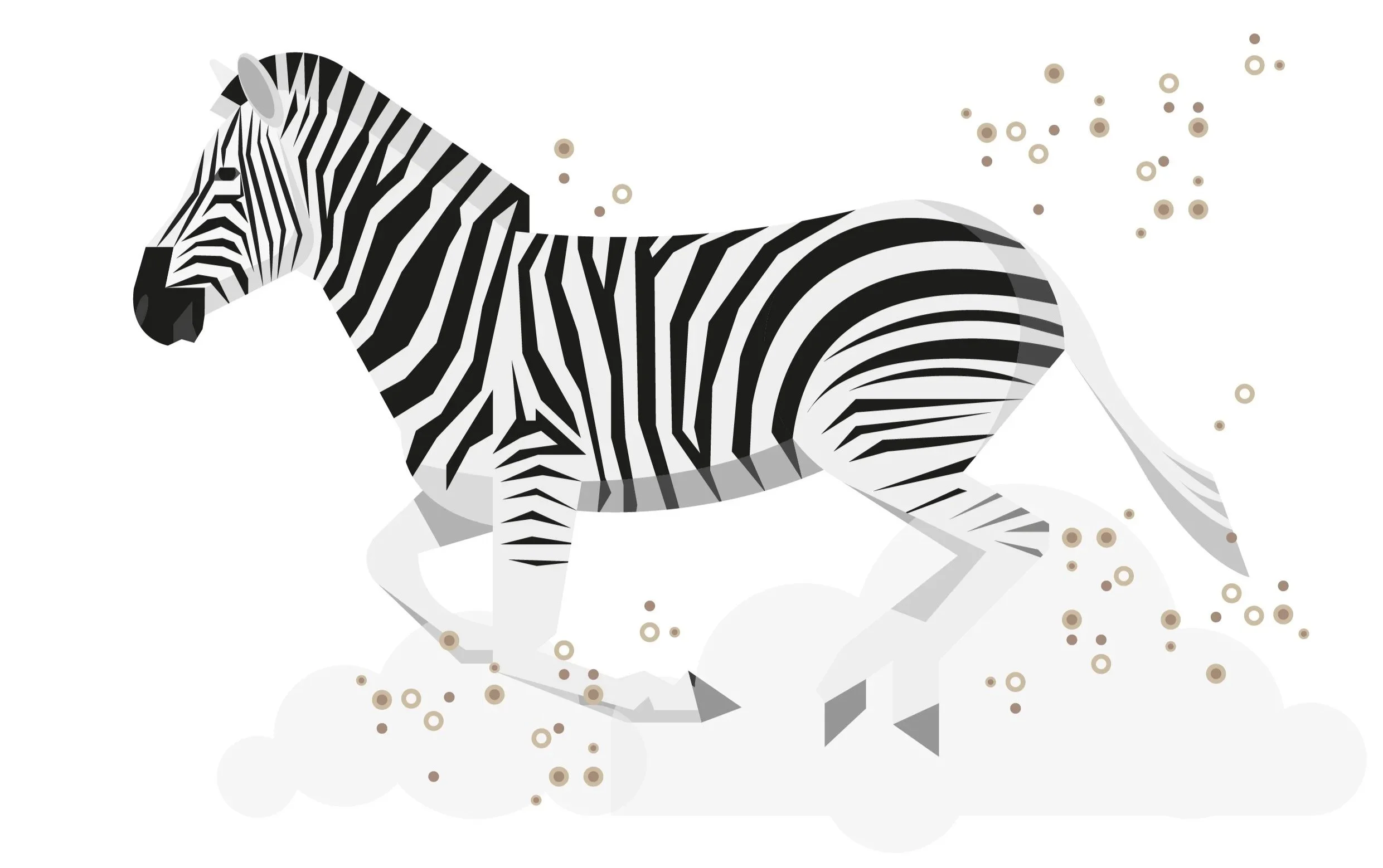 Stylized illustration of a zebra walking on clouds with scattered dots around it.