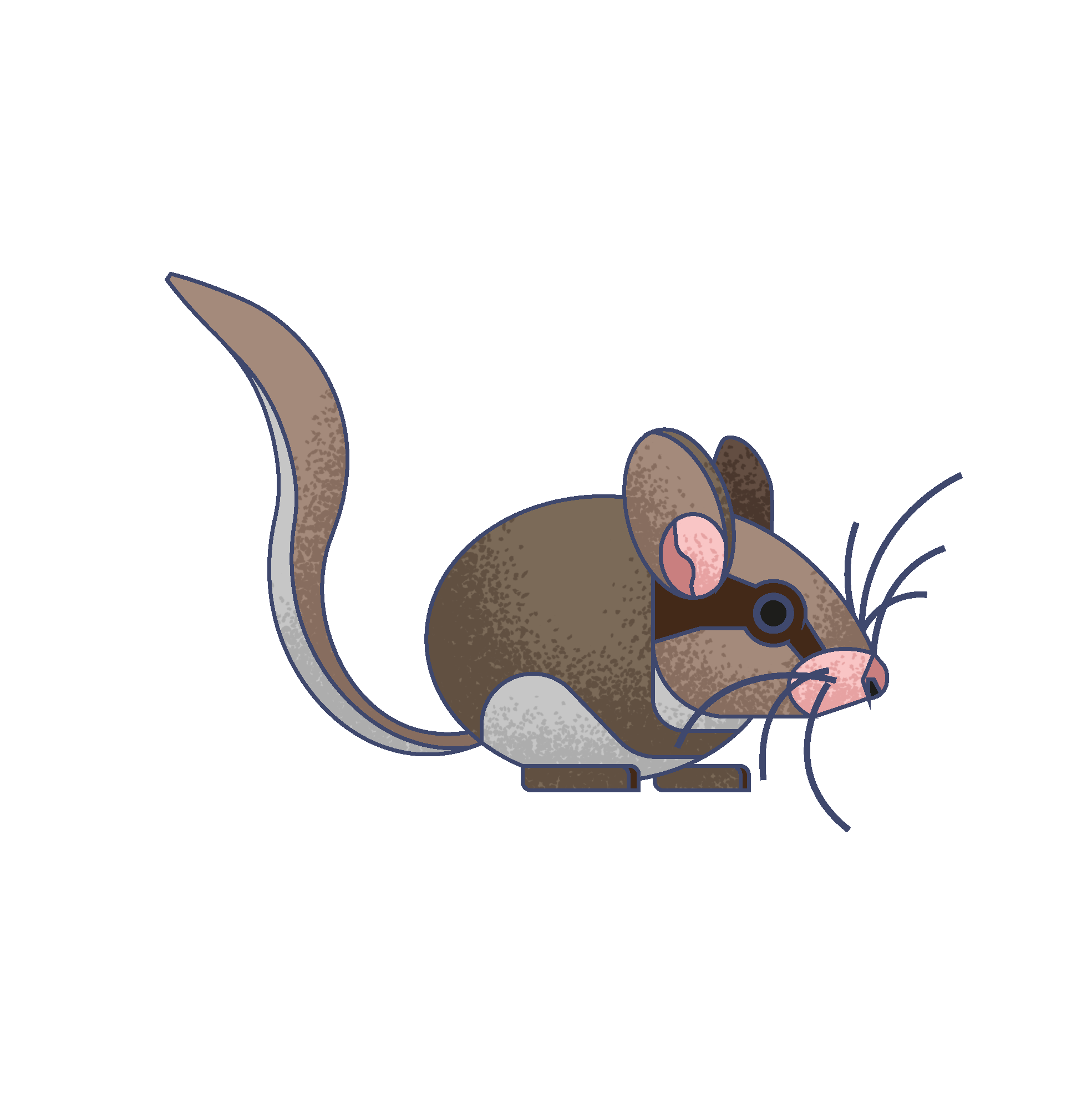 Stylized illustration of a mouse with brown and gray fur, pink ears and nose, black eyes, and long whiskers, set against a black background.