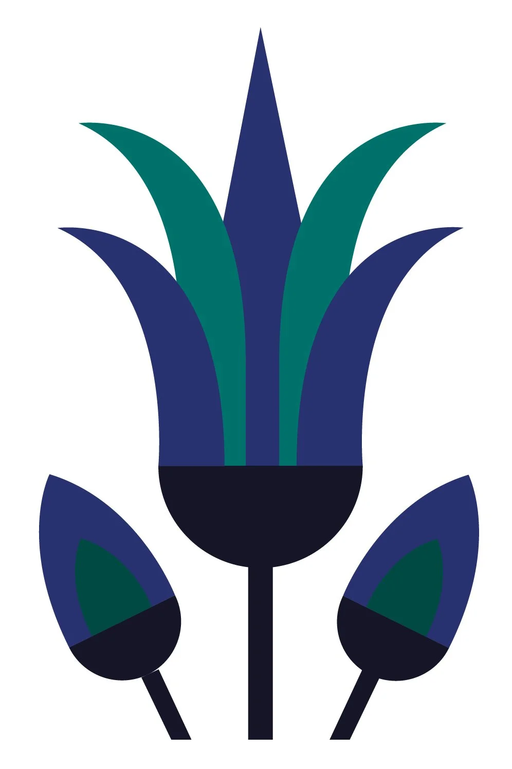 Stylized illustration of a flower with three buds and a large bloom, in blue, green, and black colors.