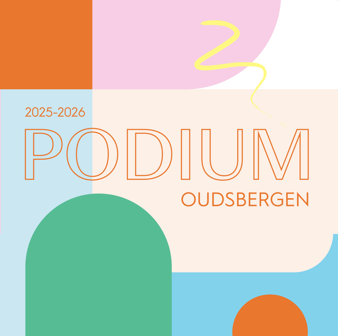 A colorful graphic design poster promoting the 2025-2026 Podiatry event in Oudsbergen, featuring bright blocks of color, stylized lines, and text in orange and light pink.