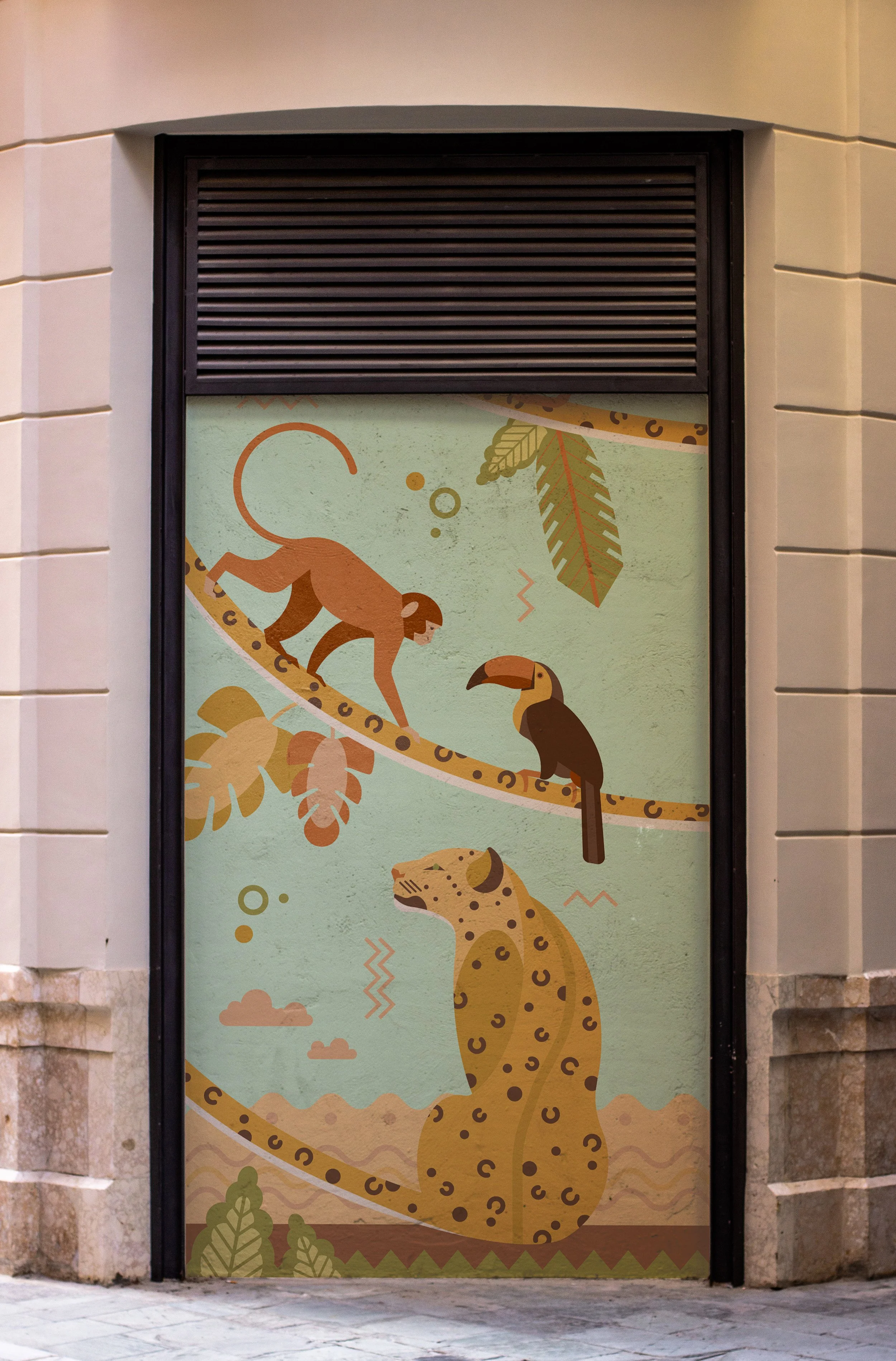 Illustration of animals in a jungle scene, including a monkey, a toucan, and a leopard, with leaves and abstract elements in a pastel color palette.