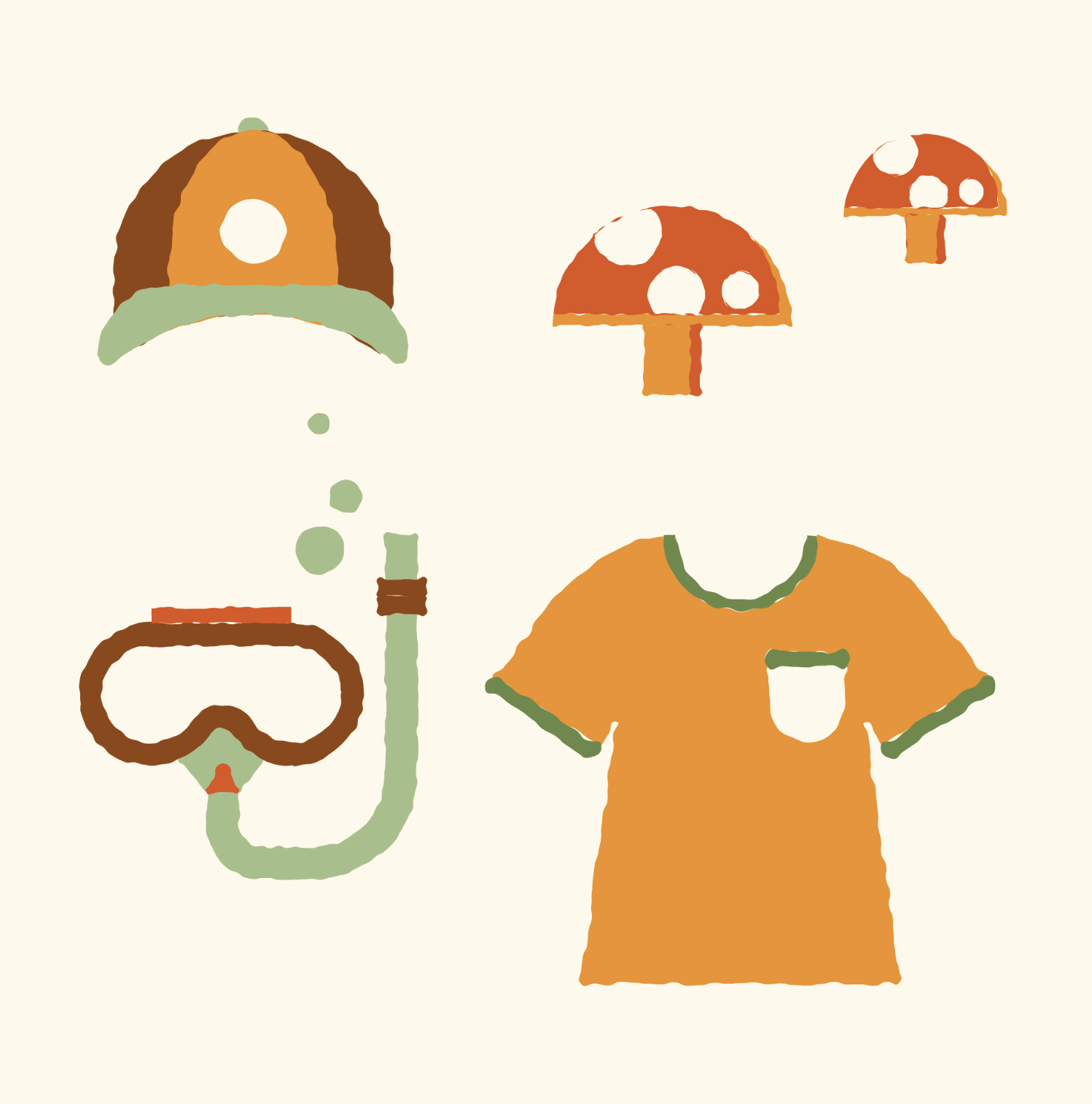 Illustration of an orange shirt, a red mushroom with white spots, goggles, a snorkeling tube, a helmet, and a hat, all in a simple, colorful style.