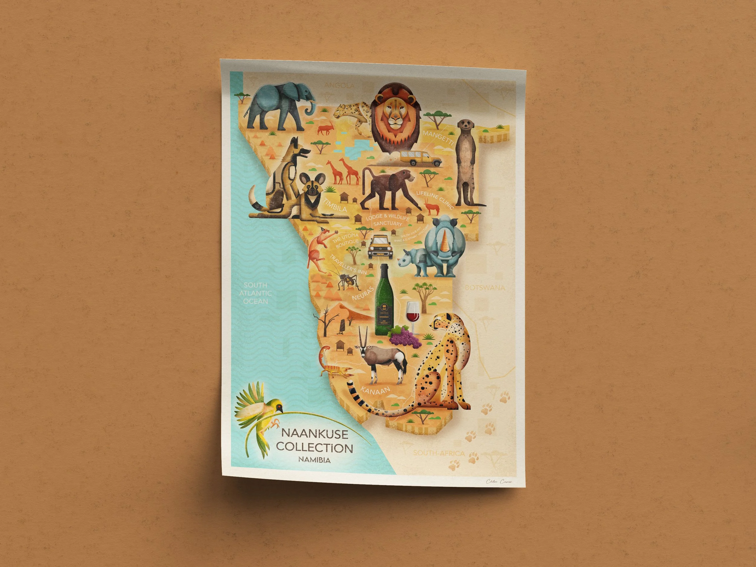 Map of Namibia with illustrations of local animals, landmarks, and two wine bottles, titled 'Naankuse Collection Namibia'.