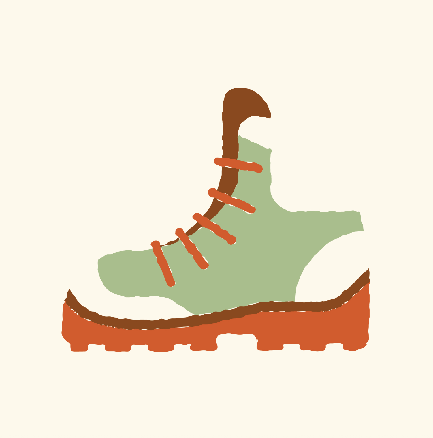 A stylized illustration of a hiking boot, with a green body, brown heel, and orange laces, set against a light background.
