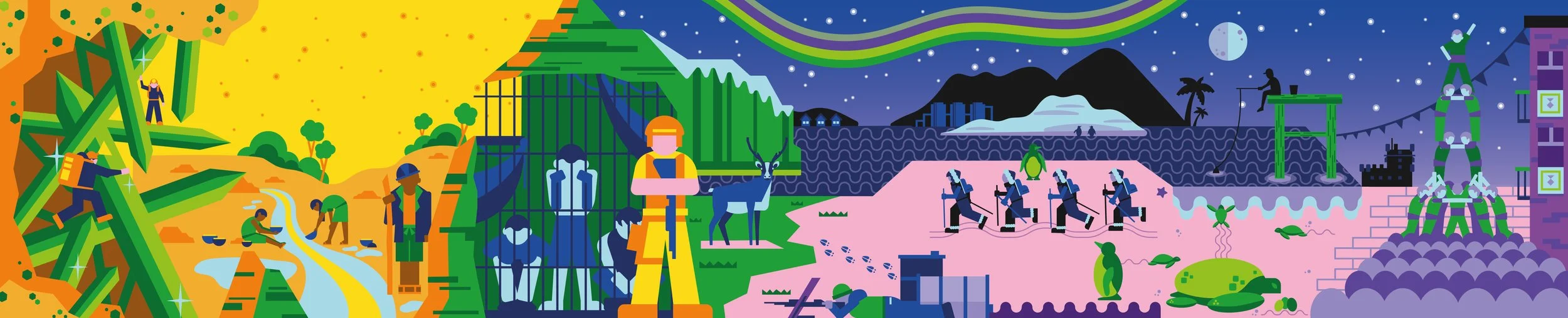 A colorful illustration depicting various outdoor activities and landscapes: climbers on a mountain, people working with animals like cows and a goat, a person in a yellow safety suit in front of animal cages, a park with wildlife, a rainforest scene