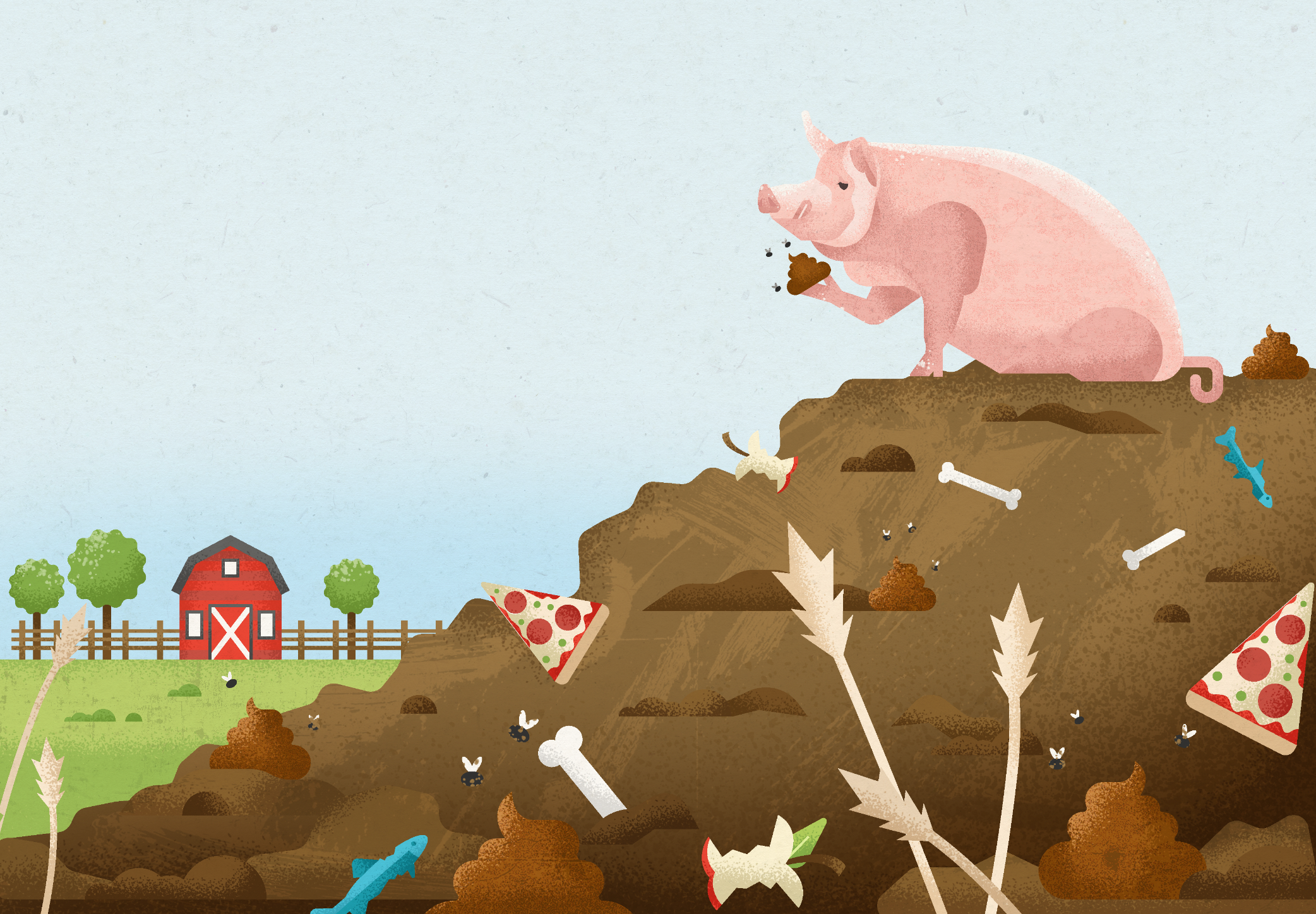 Cartoon pig sitting on a mound of dirt, eating a slice of pizza, with animal bones, insects, and crumbs around, in a farm scene with a red barn, green trees, and a fence in the background.