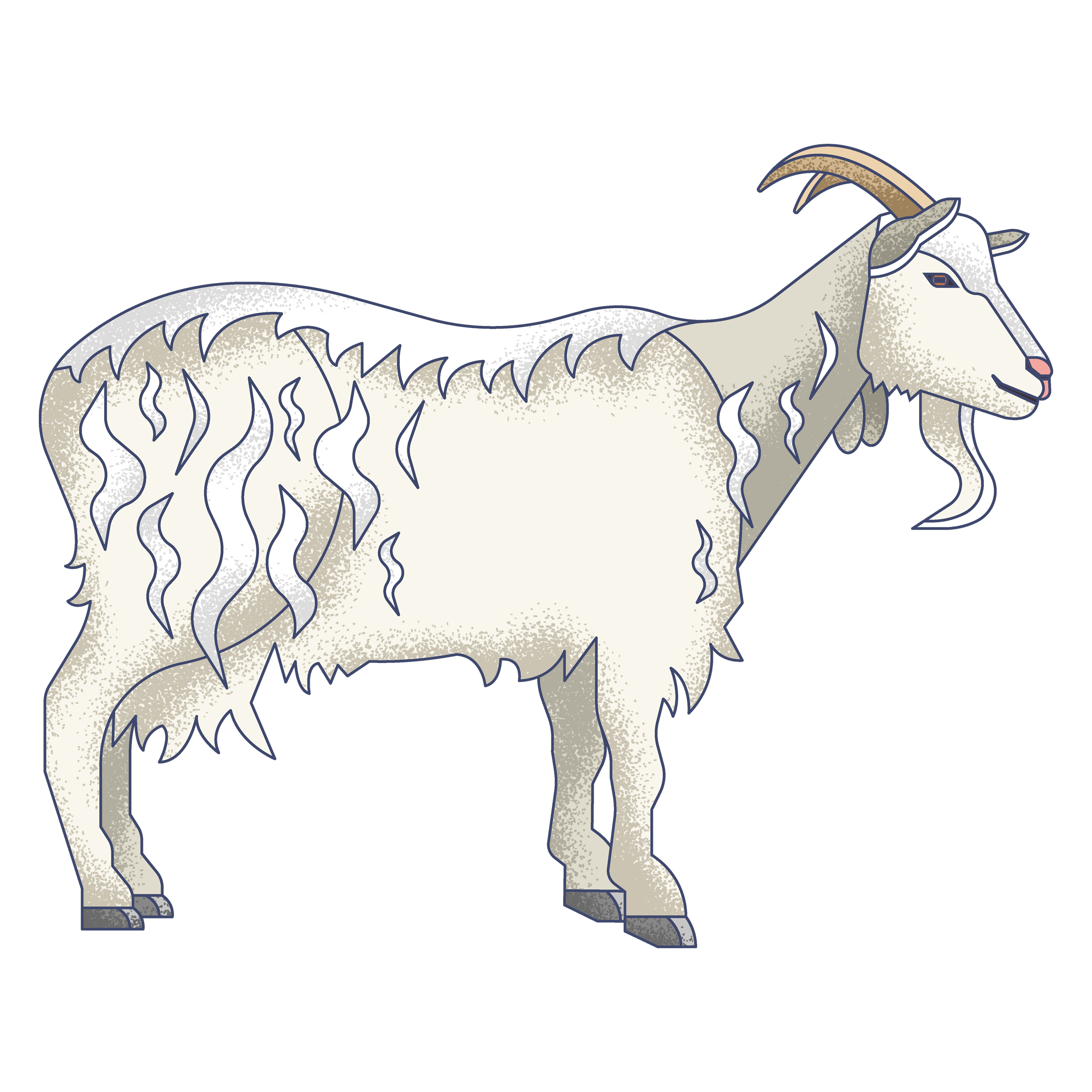 Illustration of a white and gray mountain goat with curved horns standing on a flat surface against a dark background.