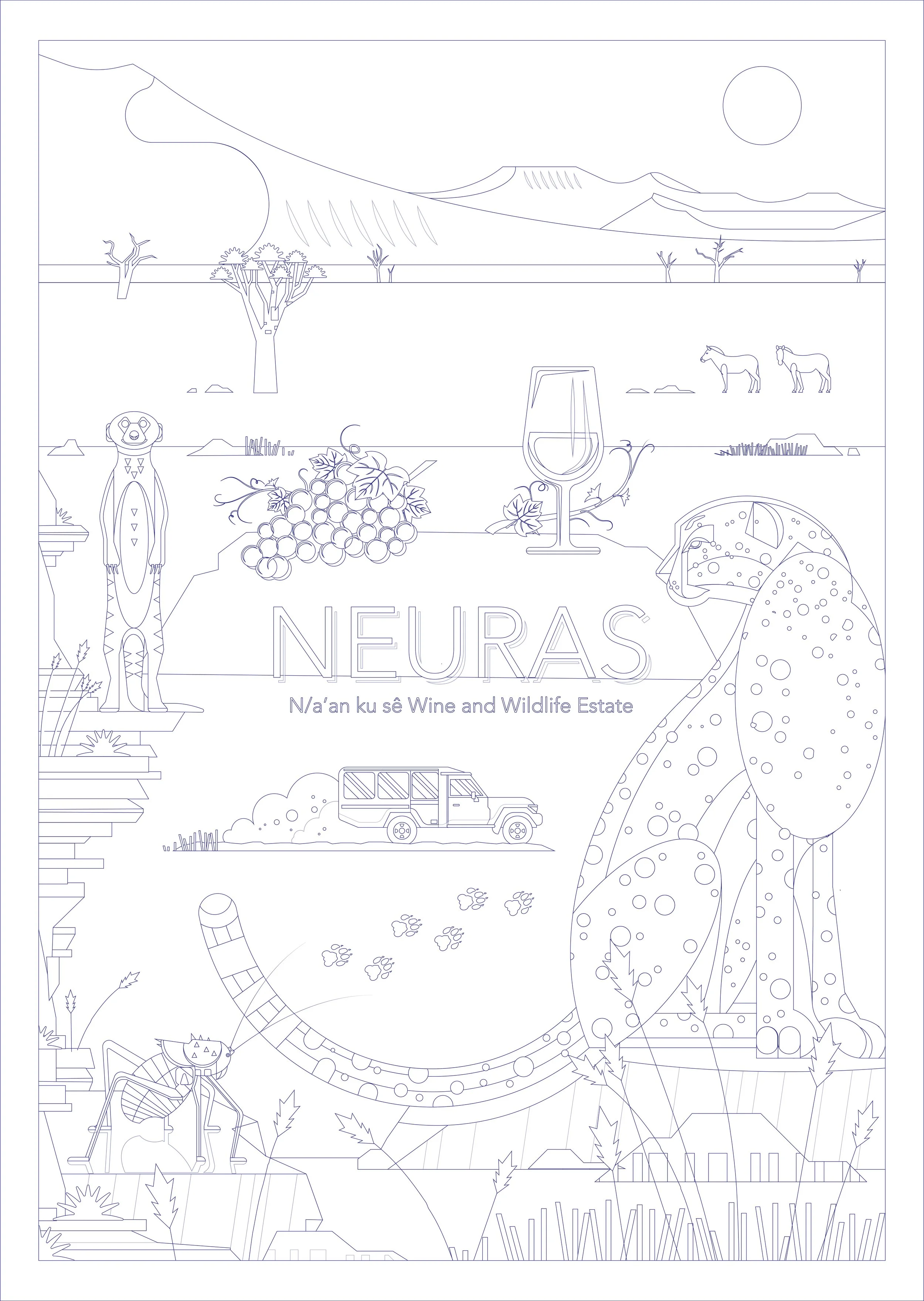 Line drawing of a wine and wildlife estate with mountains, trees, animals, grapes, a wine glass, a safari vehicle, and a lion.