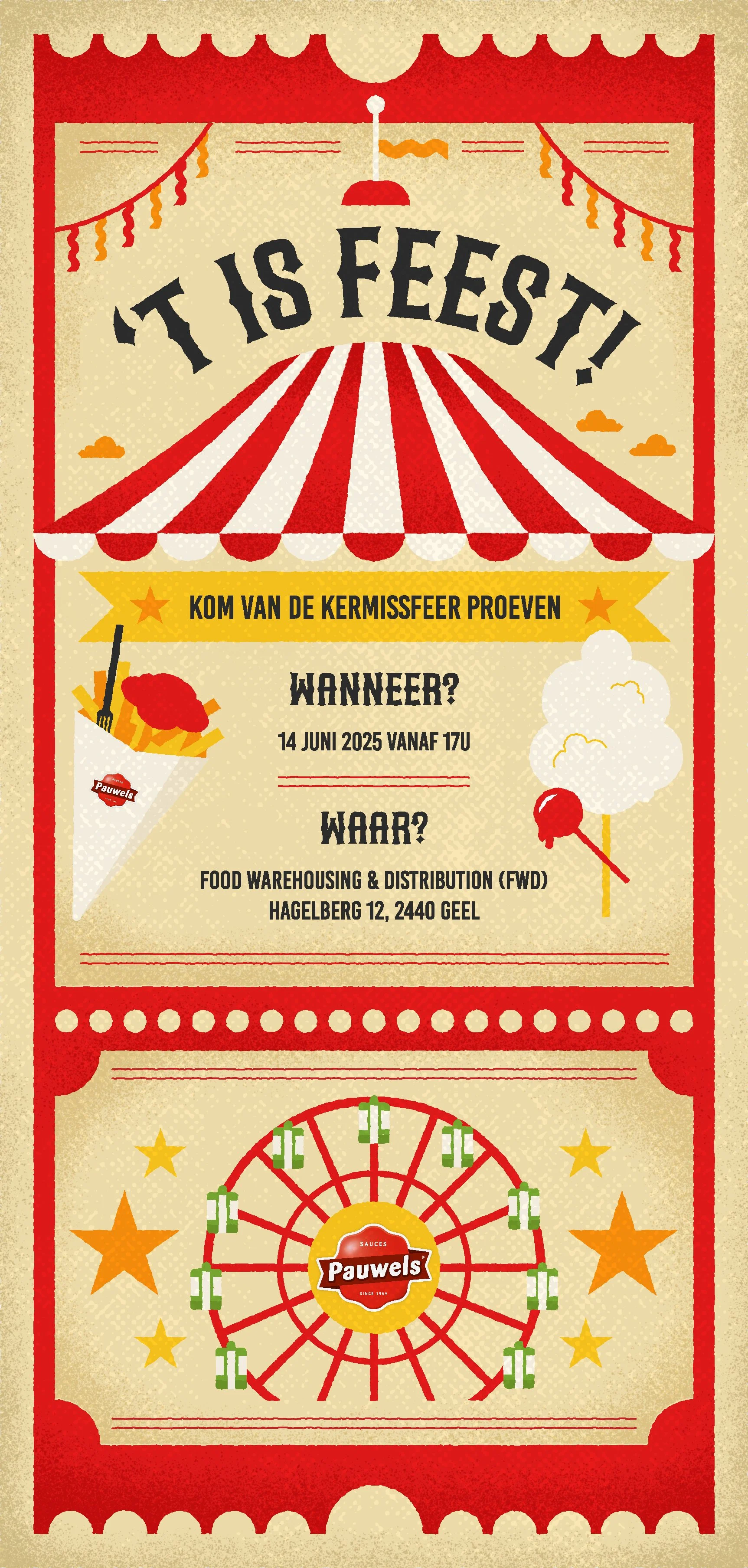 Invitation poster for a fair with a red and beige color scheme, featuring a circus tent, popcorn, and cotton candy images, with text in Dutch about the event date, time, and location, and a Ferris wheel illustration at the bottom.