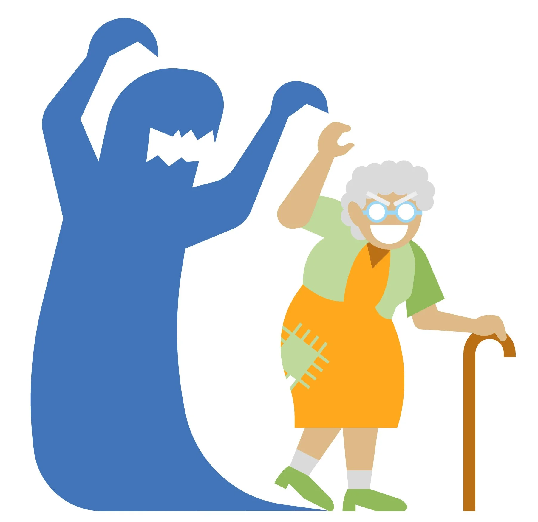 Cartoon illustration of a happy elderly woman with gray hair, glasses, and a walking cane, standing next to a large blue monster with jagged teeth and claws.