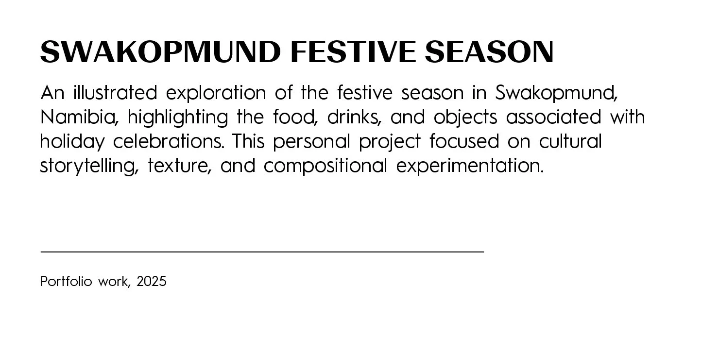 A cover page titled 'SWAKOPMUND FESTIVE SEASON' with descriptive paragraph about exploring holiday celebrations in Namibia, highlighting food, drinks, objects, storytelling, texture, and experimentation, and noting portfolio work from 2025.