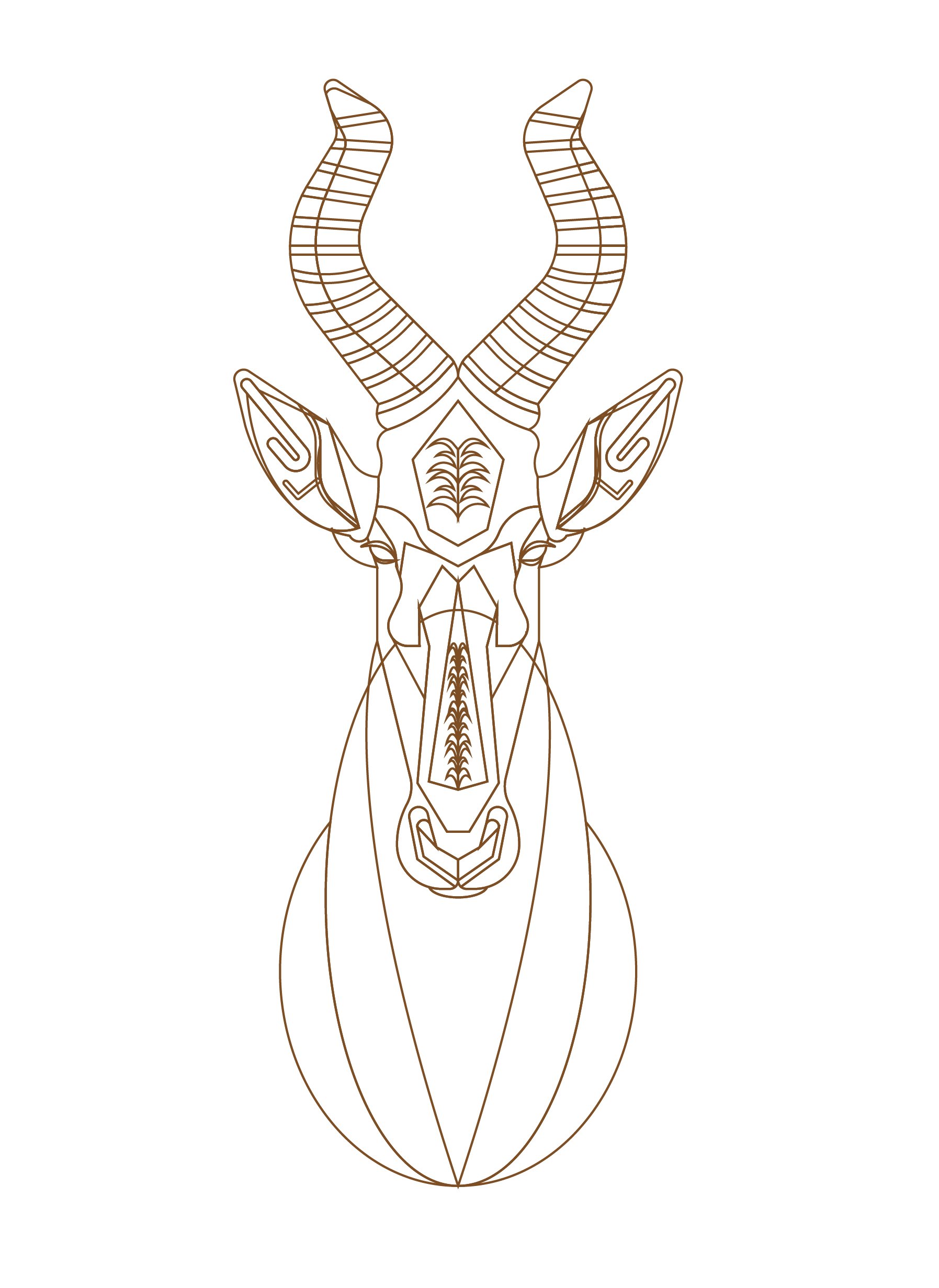 Line drawing of an animal head with large, curved horns and stylized facial features.