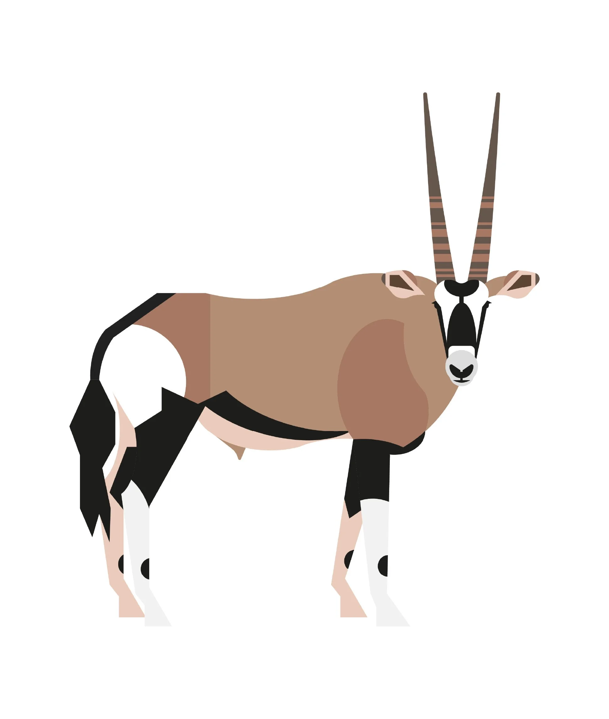 Stylized illustration of an oryx with large, striped, twisted horns, tan body with black and white markings, standing on a white background.