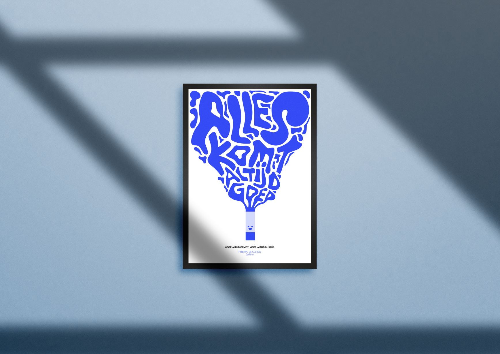 Poster with a blue ice cream cone composed of stylized text forming words, on a white background with a black border.