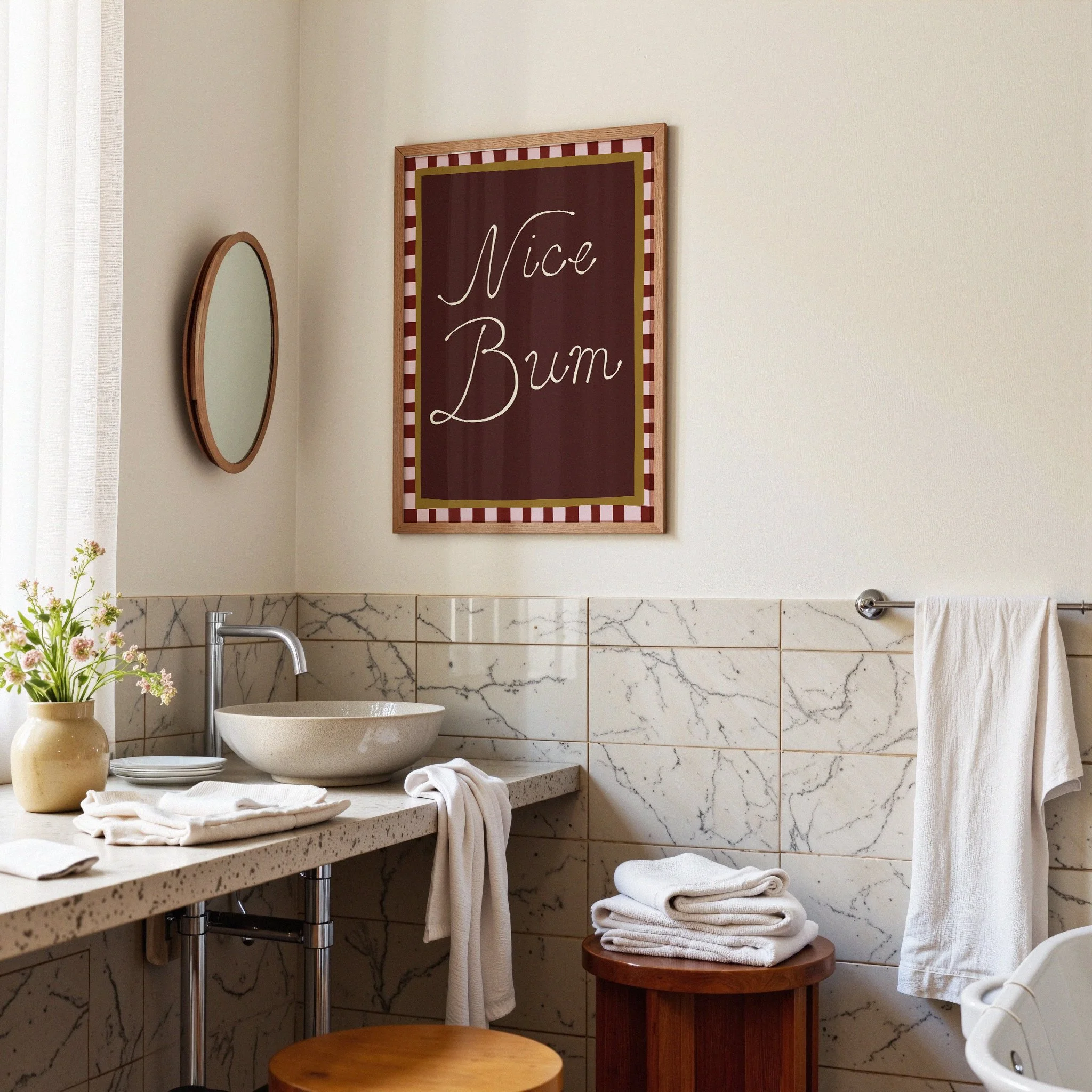 Nice Bum print burgundy bathroom 1.jpg