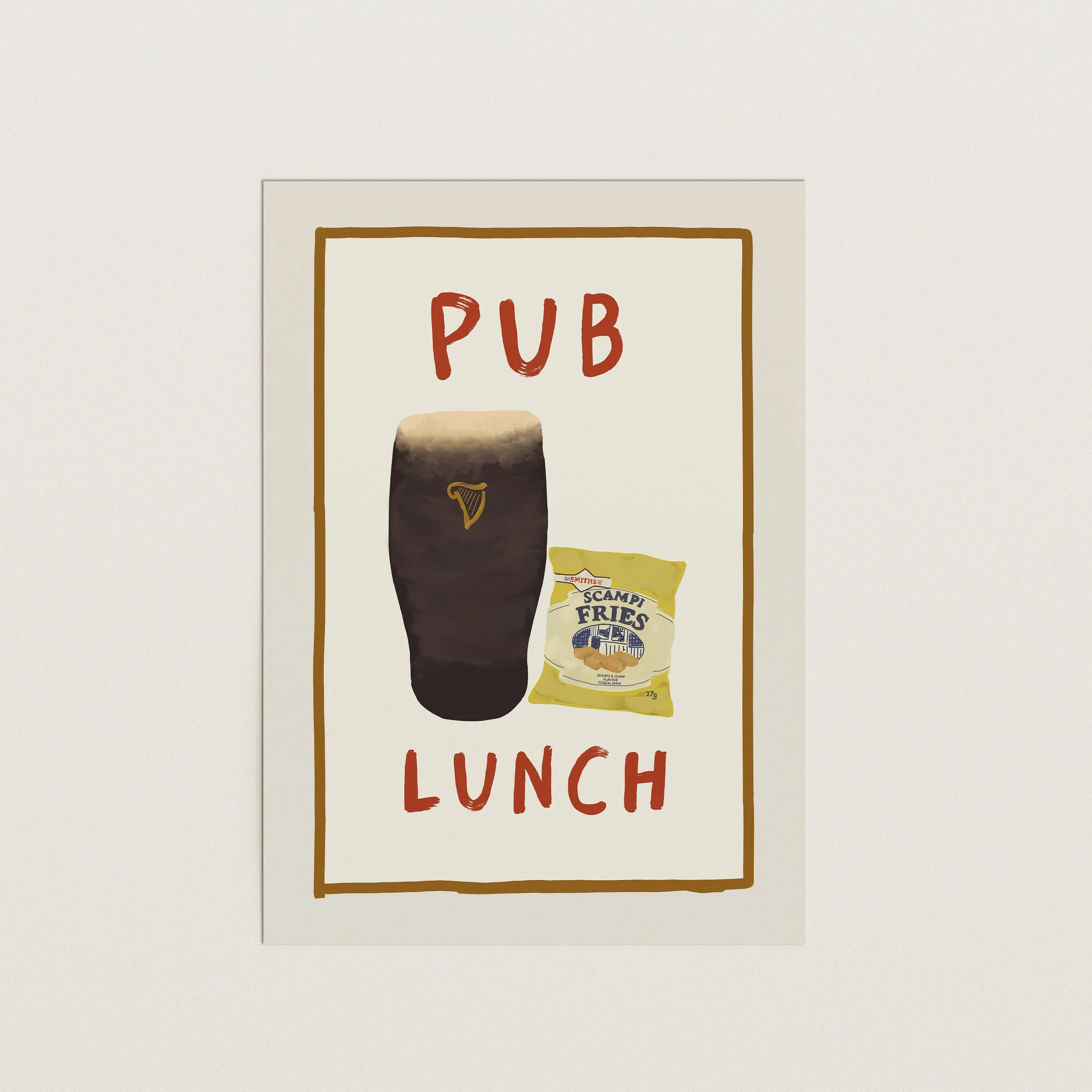 Pub Lunch giclee print featuring an illustrated pint of Guinness and a packet of Scampi Fries. Cream background with red 'Pub Lunch' hand written typography.